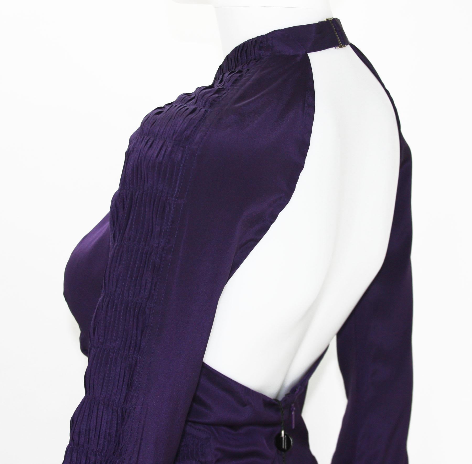Women's New Tom Ford for Gucci S/S 2004 Deep Purple Silk Plunging Backless Mini Dress 38