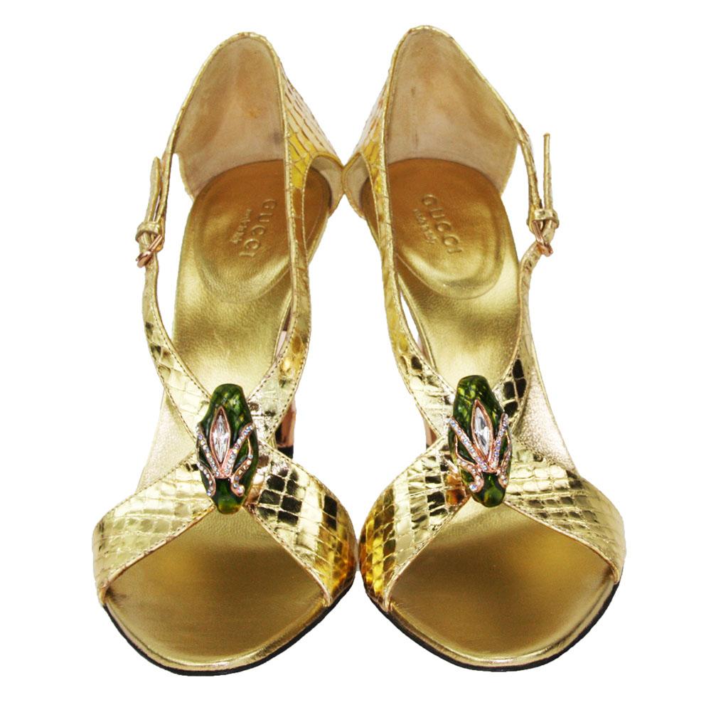 New Tom Ford for Gucci S/S 2004 Gold Python Jeweled Bamboo Heel Shoes 8.5 - 38.5 In New Condition In Montgomery, TX