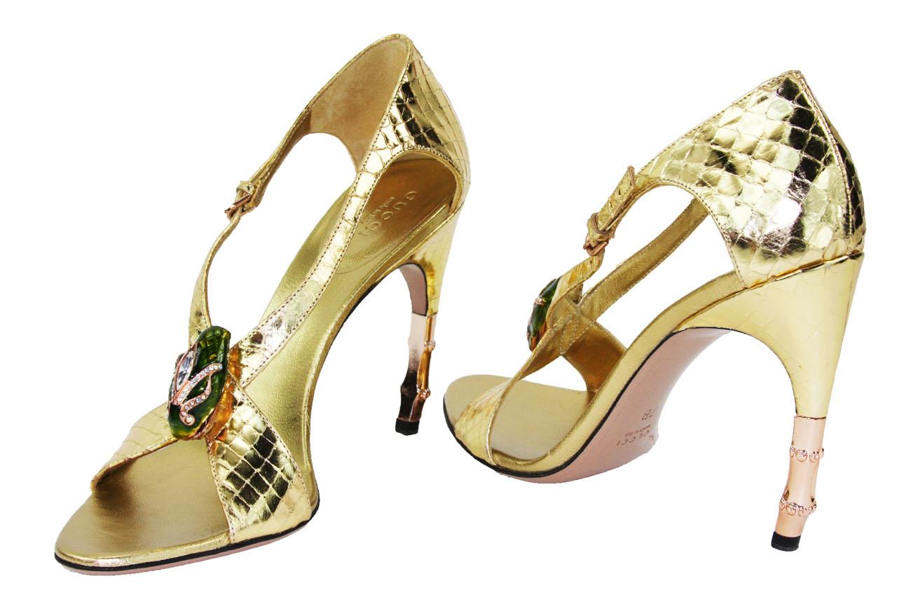 Women's New Tom Ford for Gucci S/S 2004 Gold Python Jeweled Bamboo Heel Shoes 8.5 - 38.5
