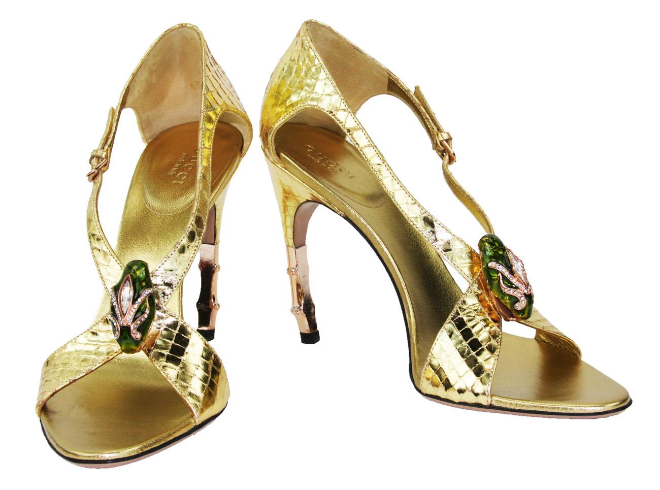 New Tom Ford for Gucci S/S 2004 Gold Python Jeweled Bamboo Heel Shoes 8.5 - 38.5 1