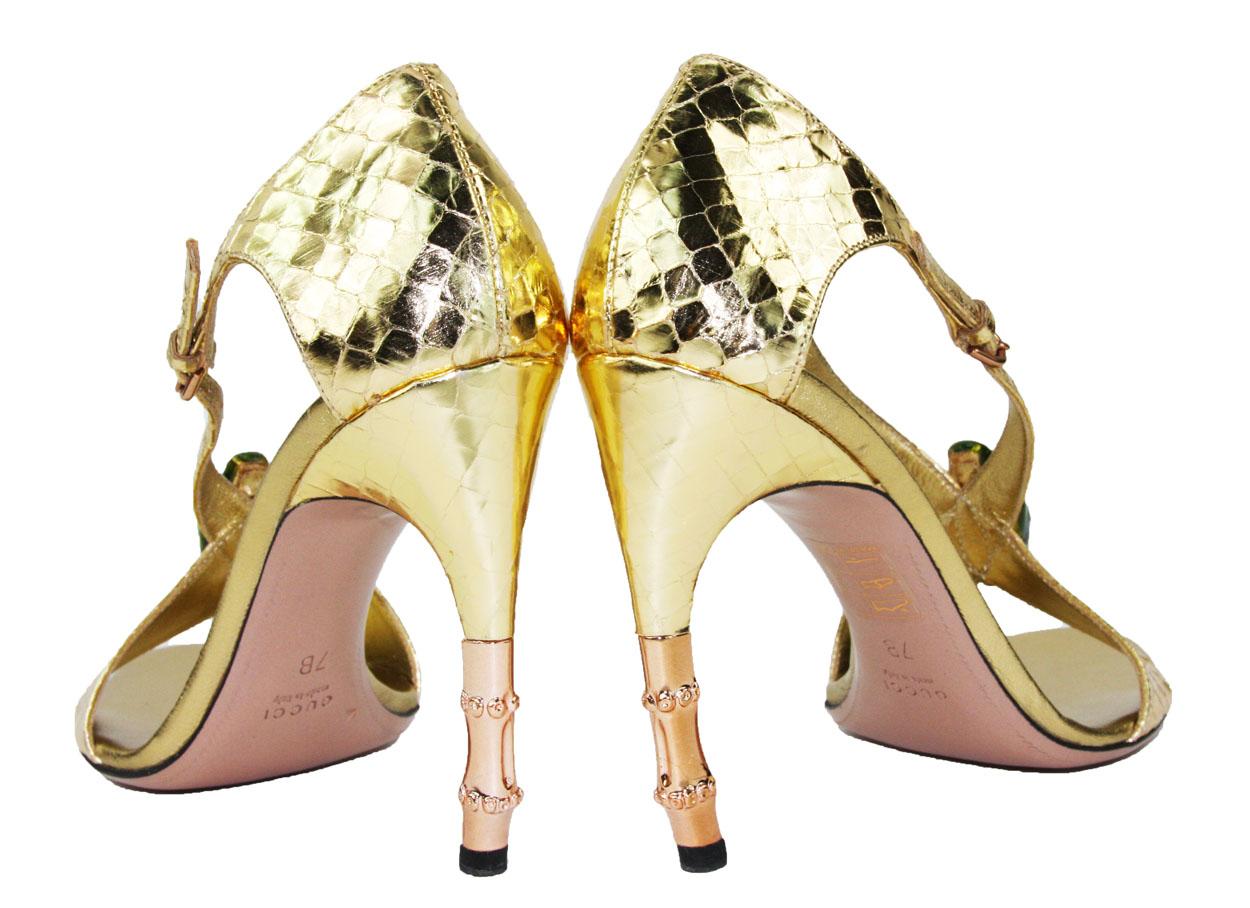 Women's New Tom Ford for Gucci S/S 2004 Gold Python Jeweled Bamboo Heel Shoes 9.5 - 39.5 For Sale
