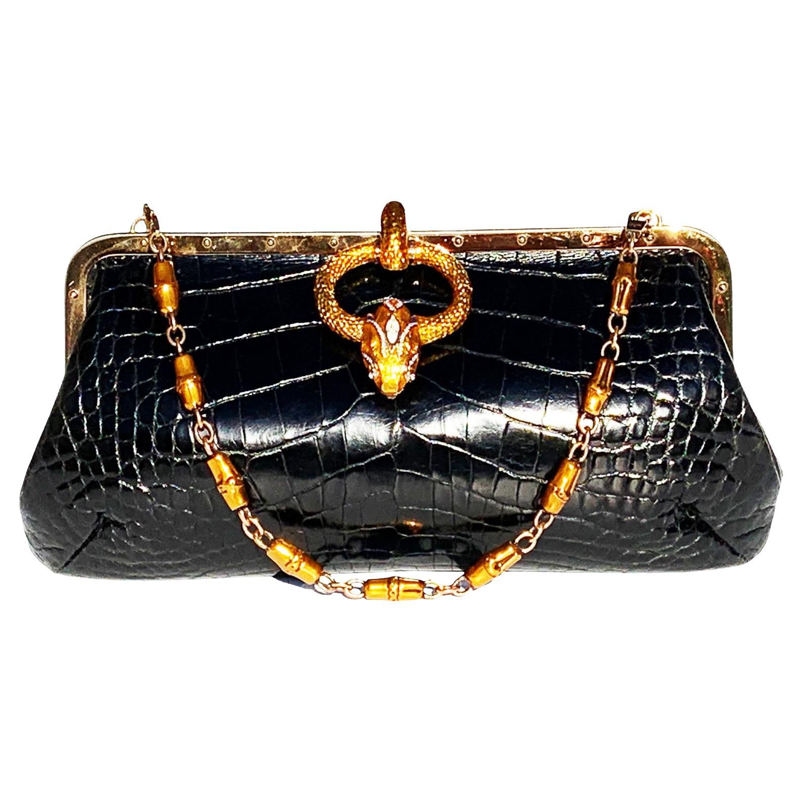 New Tom Ford for Gucci S/S 2004 Limited Edition Black Crocodile Enamel Snake Bag For Sale
