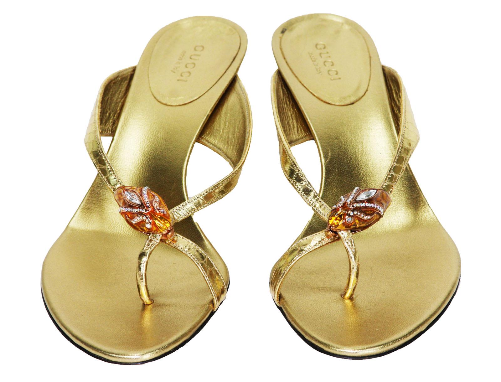 New Tom Ford for Gucci S/S 2004 Python Gold Snake Head Leather Sandals 7.5 B In New Condition In Montgomery, TX