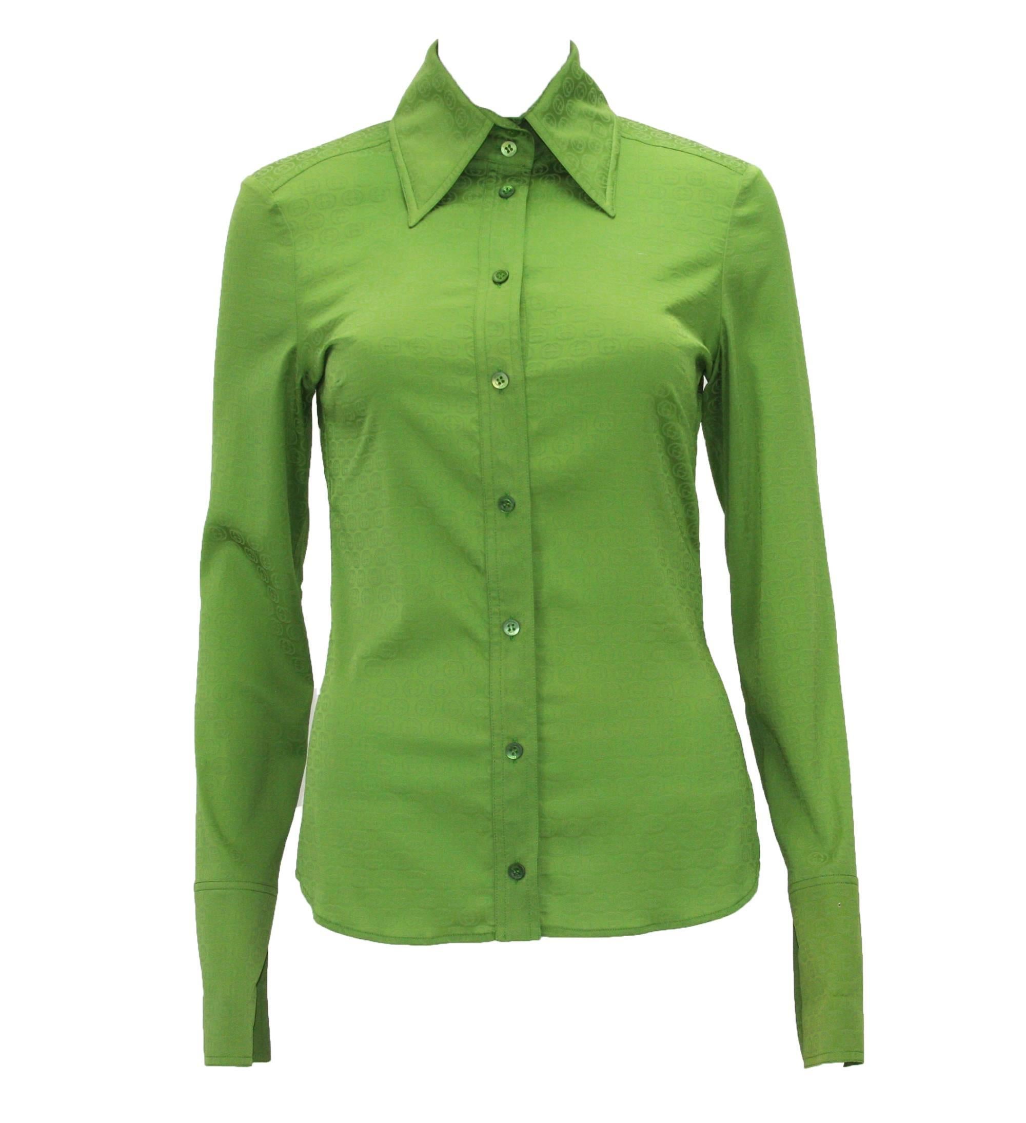 Neu Gucci by Tom Ford S/S 2003 Grünes GG-Muster Top Bluse It. 38 im Zustand „Neu“ im Angebot in Montgomery, TX
