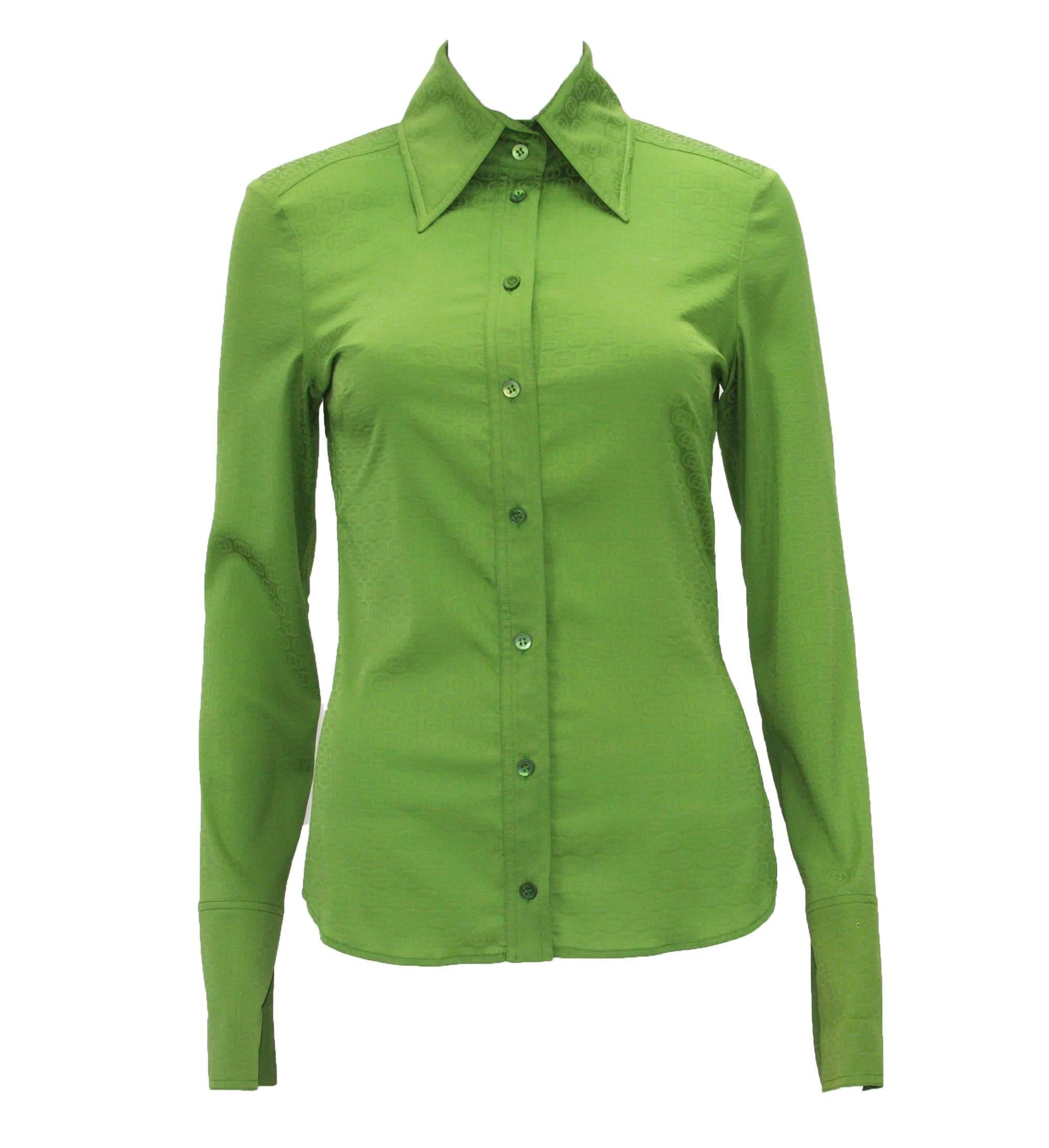 Vert Gucci par Tom Ford - Chemisier vert à motif GG, taille IT 38, printemps-été 2003 en vente