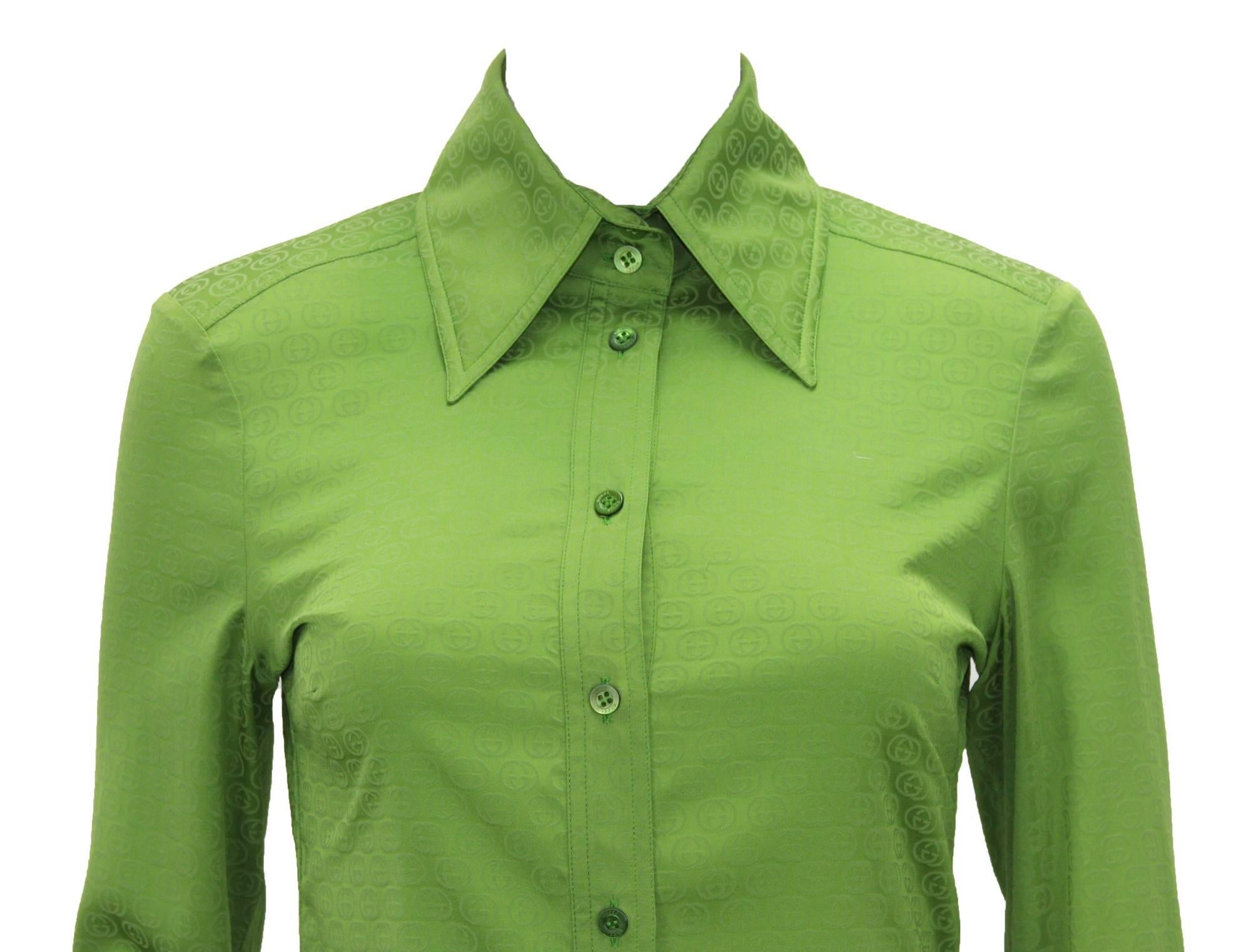 New Gucci by Tom Ford S/S 2003 Green GG Pattern Top Blouse It. 38 In New Condition For Sale In Montgomery, TX