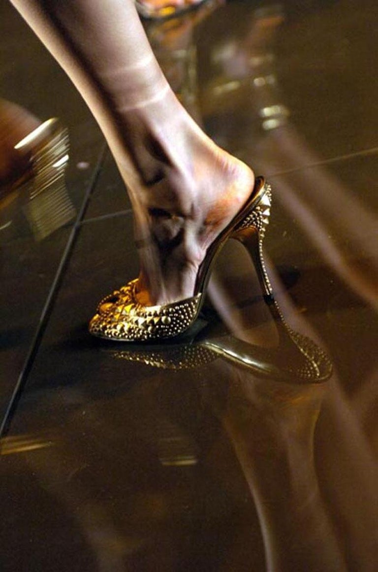 TOM FORD 26S GOLD BUCKLE HEELS 105 MM IN BLUE DENIM