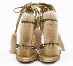 New Tom Ford for Gucci Swarovski Crystals Snakeskin Mink Fur Sandals Gold US 7.5