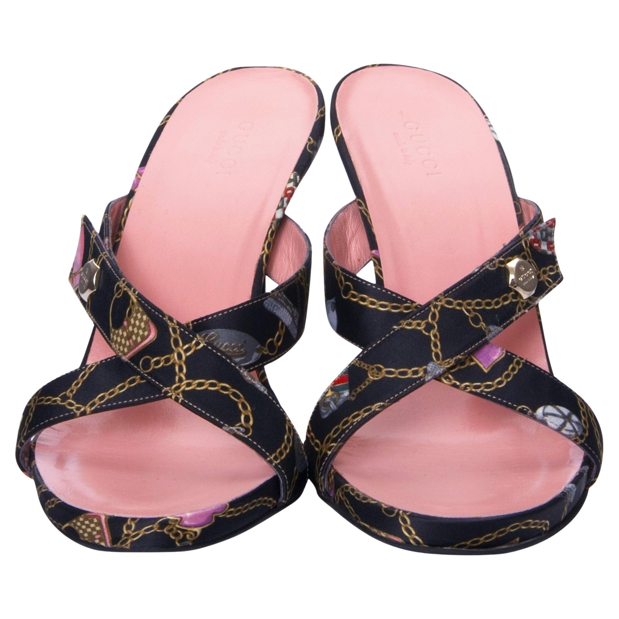 Neu Tom Ford for Gucci Vintage Kette Logo Satin Slide Heels Sz 6.5