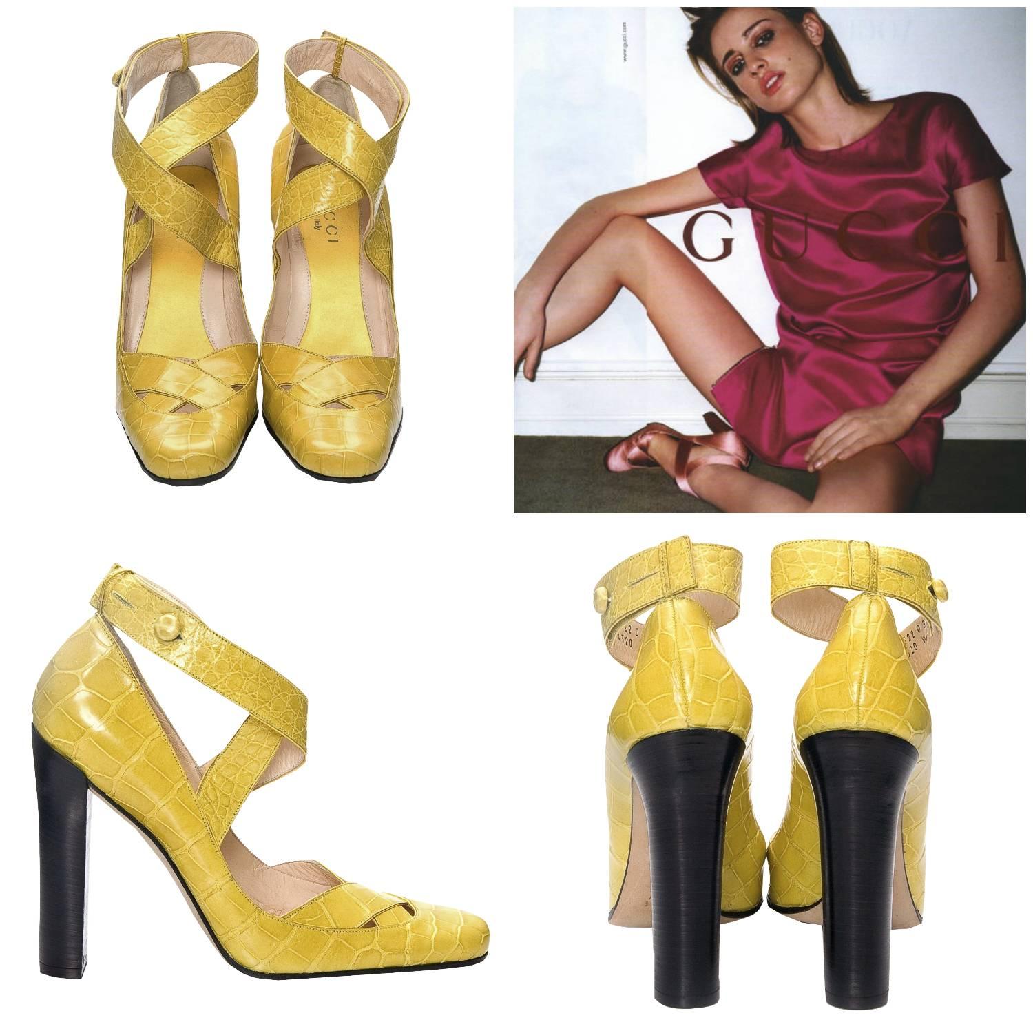 Tom Ford For Gucci Heels
Own a Piece of Fashion History
Brand New, Rare Collectible Ad Runway Heels
* Stunning in Yellow Genuine Crocodile 
* Tom Ford's Iconic Runway Heels
* Euro Size: 39 
* Adjustable Crocodile Ankle Strap
* Leather & Yellow Satin