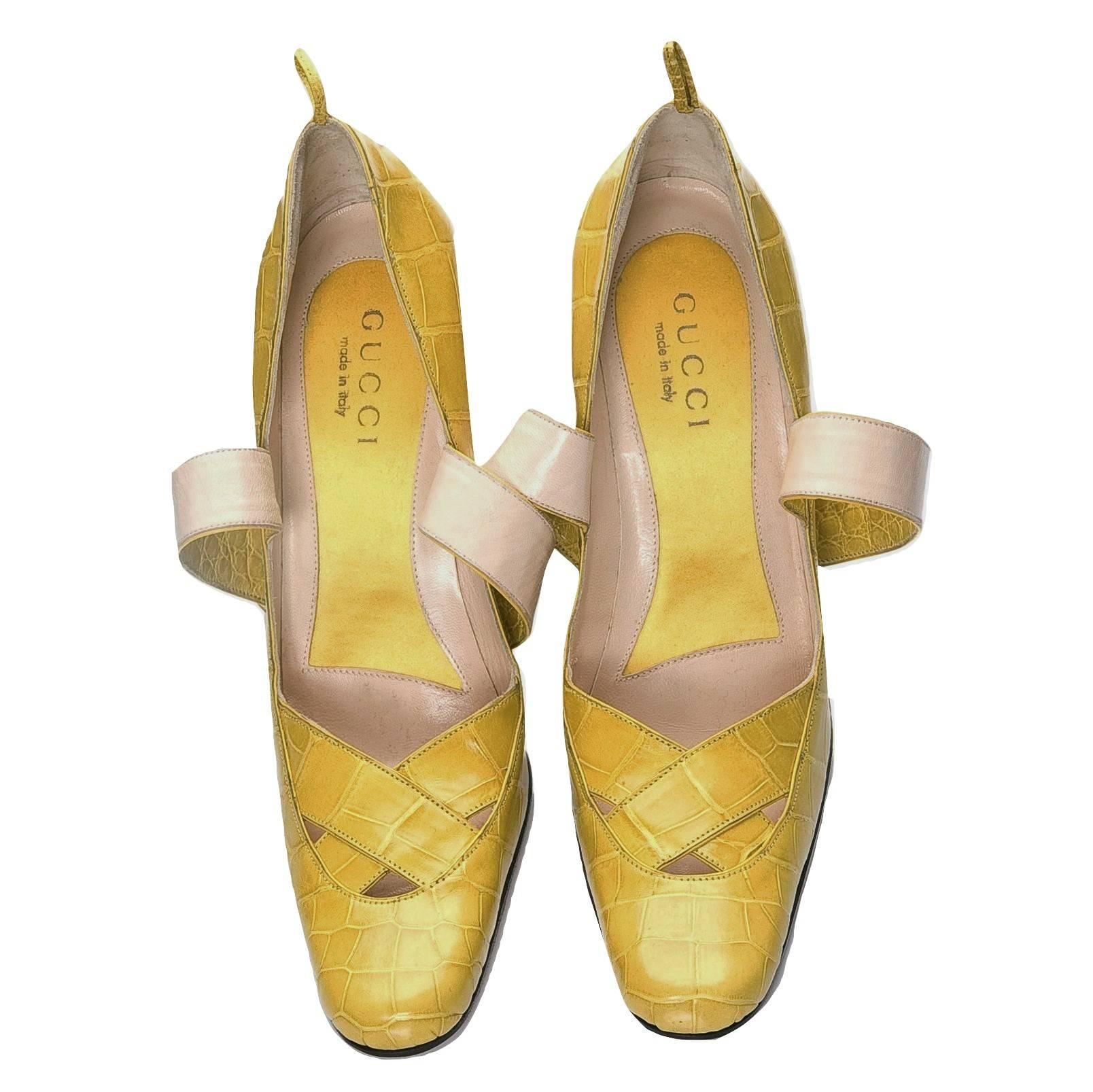 New Tom Ford for Gucci Yellow Crocodile Ballerina Heels Pumps Sz 39 3