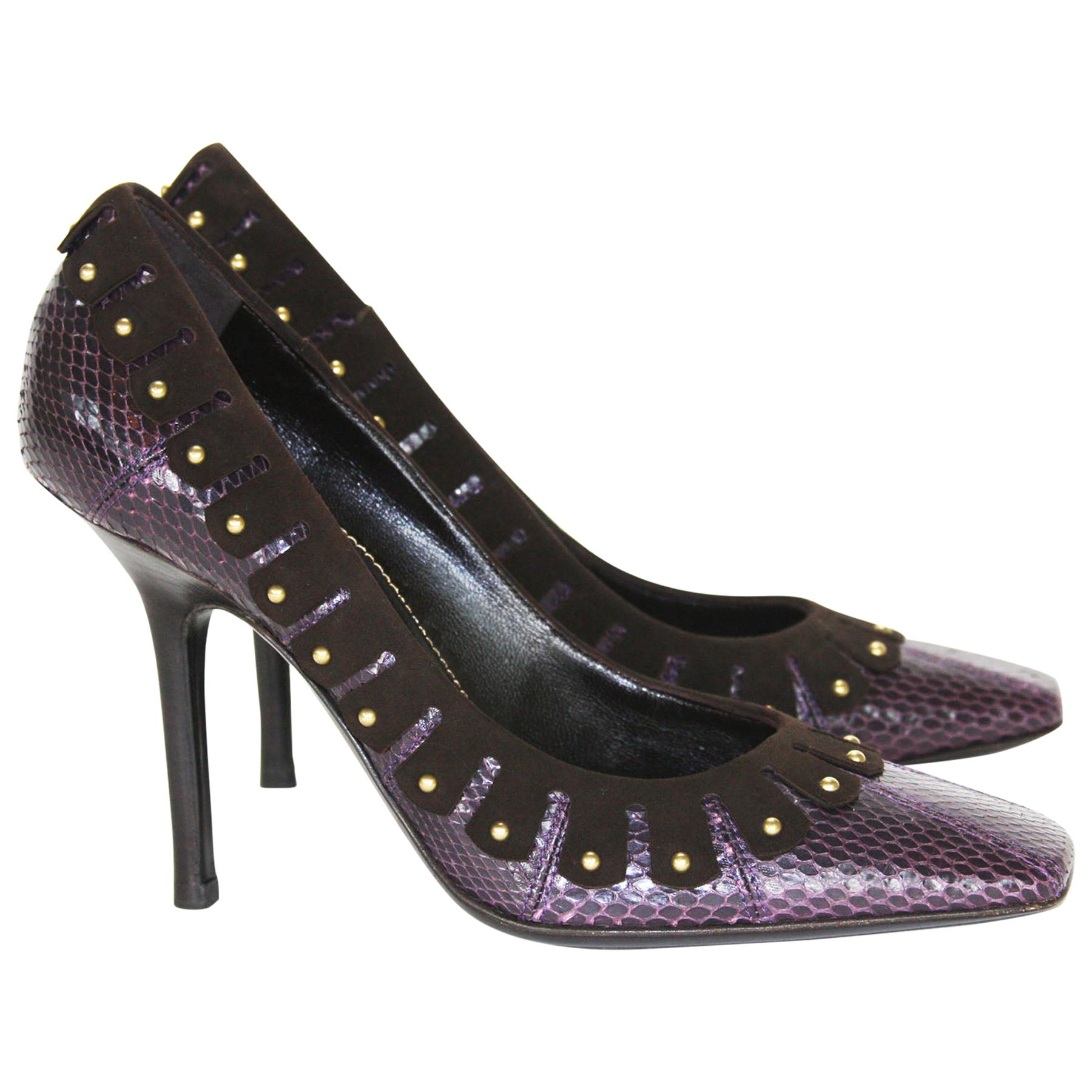 New Tom Ford for Yves Saint Laurent Snake Studded Plum Pumps Shoes 37.5  US 7.5 For Sale