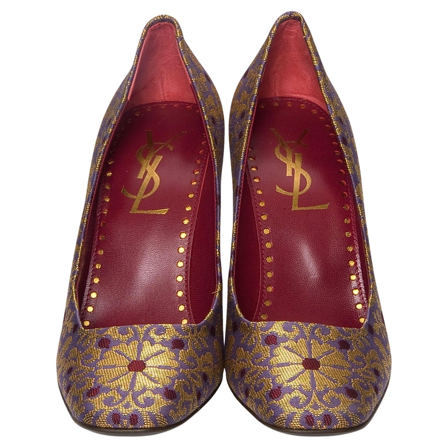 Tom Ford For YSL Heels
Brand New
* Stunning Brocade Heels
* Tom Ford's Final Years w/ YSL
* Red Interior
* Purples and Golds
* Leather Insole 
* Pointed Toe 
* 4