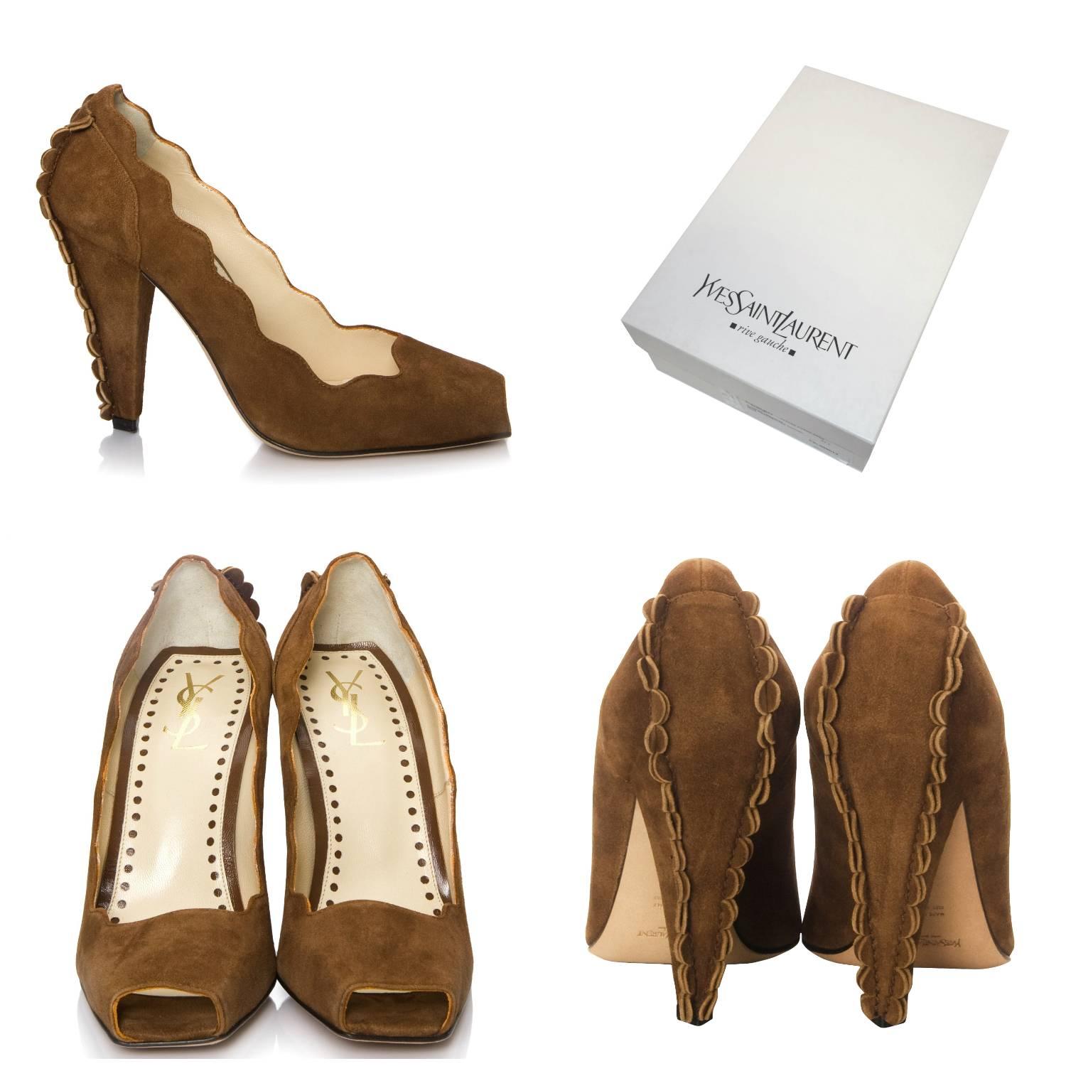 Tom Ford For YSL Heels
Brand New
* Stunning Suede In Camel
* Tom Ford's Final Years w/ YSL
* Iconic and Impossible to Find New
* Unique Scalloped Sides & Heel
* Leather Insole 
* Open Square Toe 
* 4.5