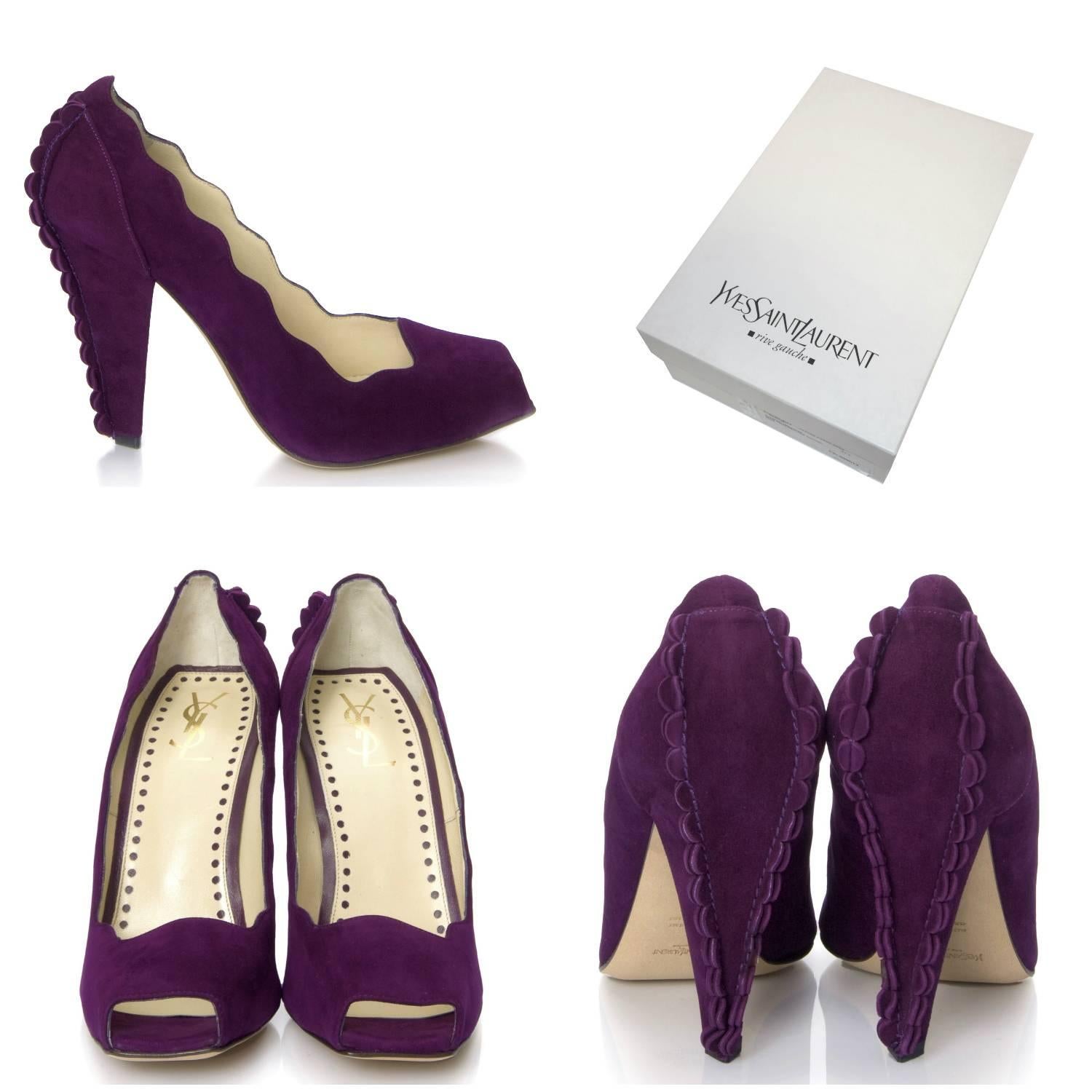 Tom Ford For YSL Heels
Brand New
* Stunning Suede In Purple
* Tom Ford's Final Years w/ YSL
* Iconic and Impossible to Find New
* Unique Scalloped Sides & Heel
* Leather Insole 
* Open Square Toe 
* 4.5
