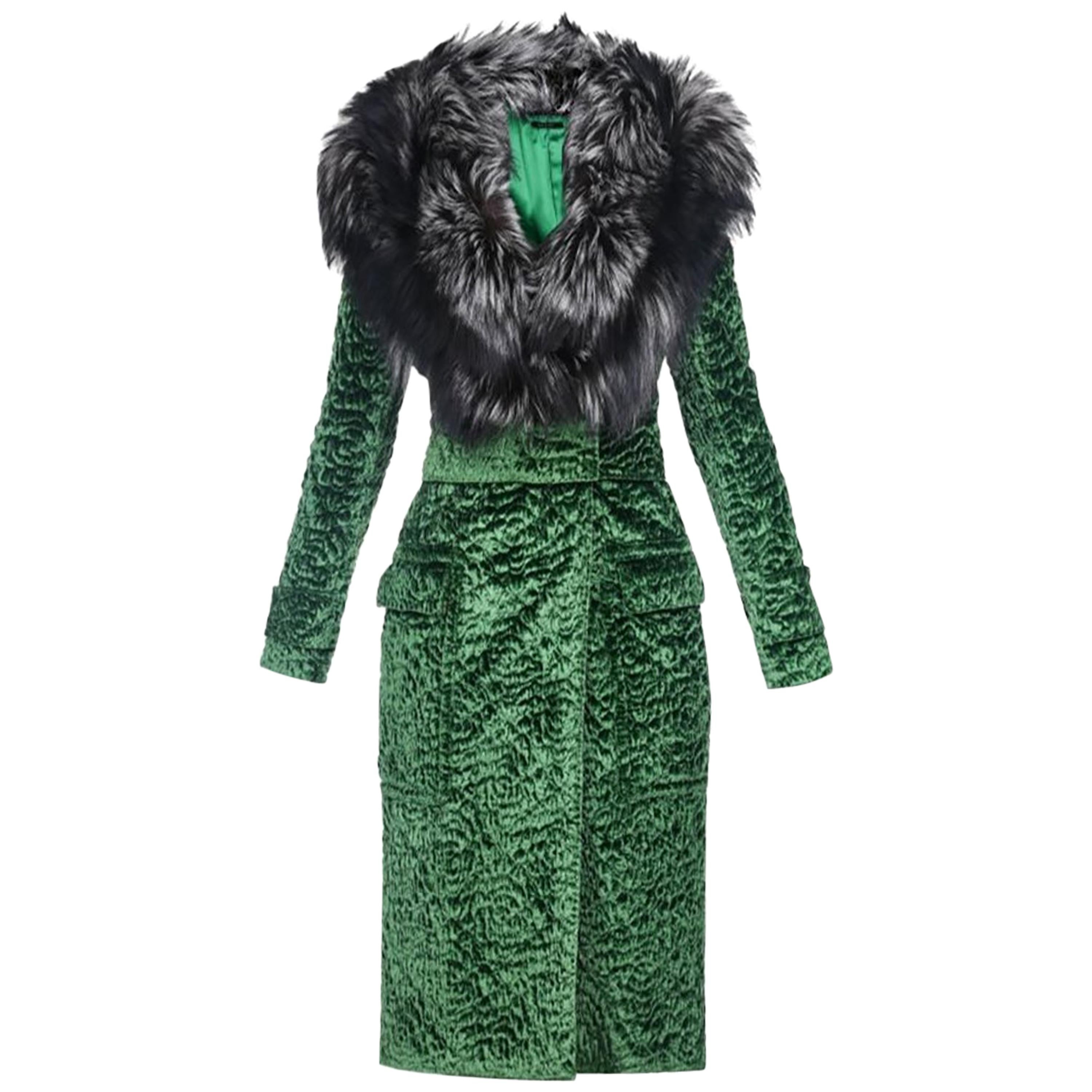 New Tom Ford Forest Green Astrakan Velvet Coat with Fox Fur from Ad Campaign