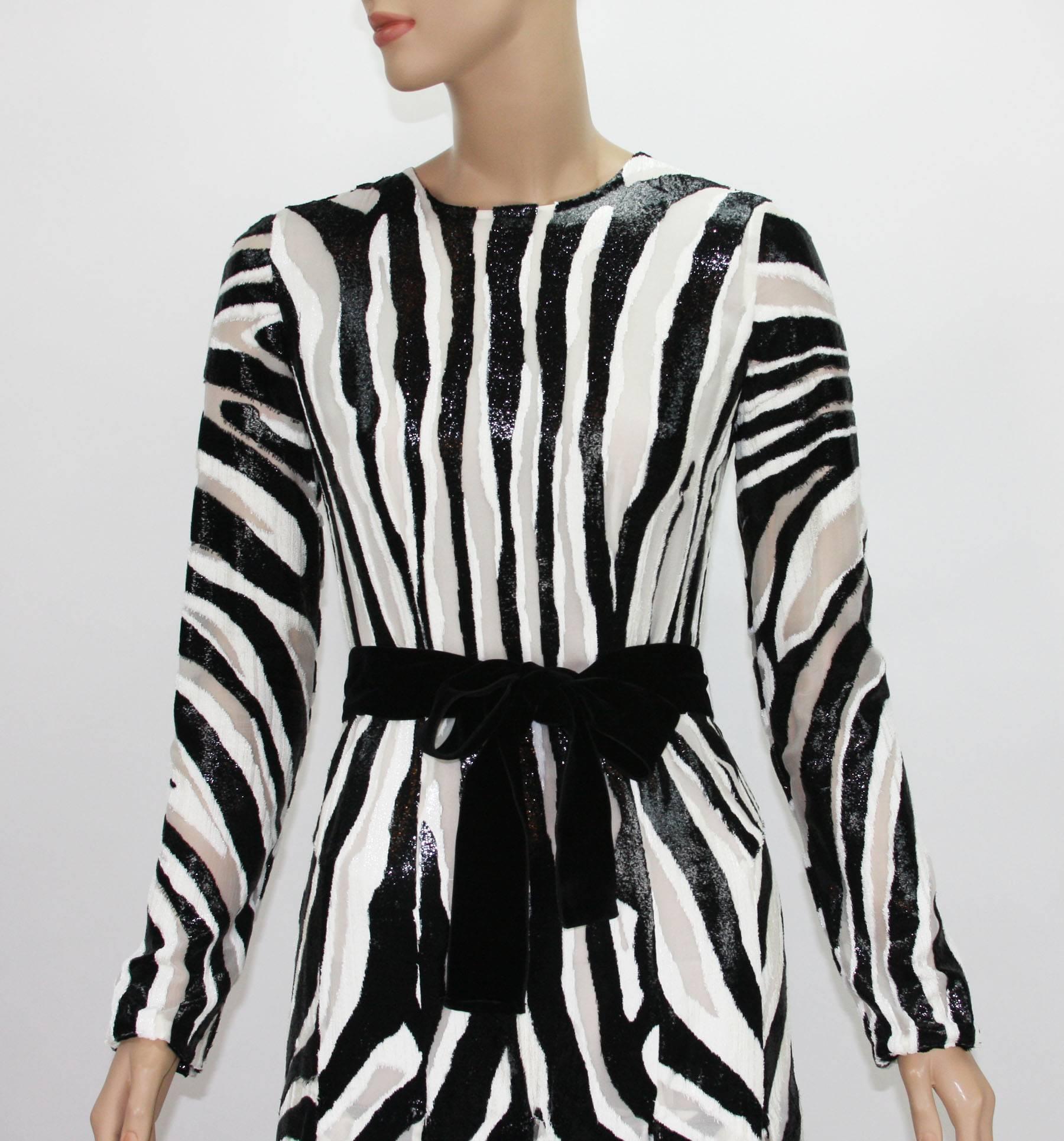 Black New Tom Ford Fur-Like Zebra Print Semi-Sheer Belted Shimmer Pleated Dress It 38  For Sale