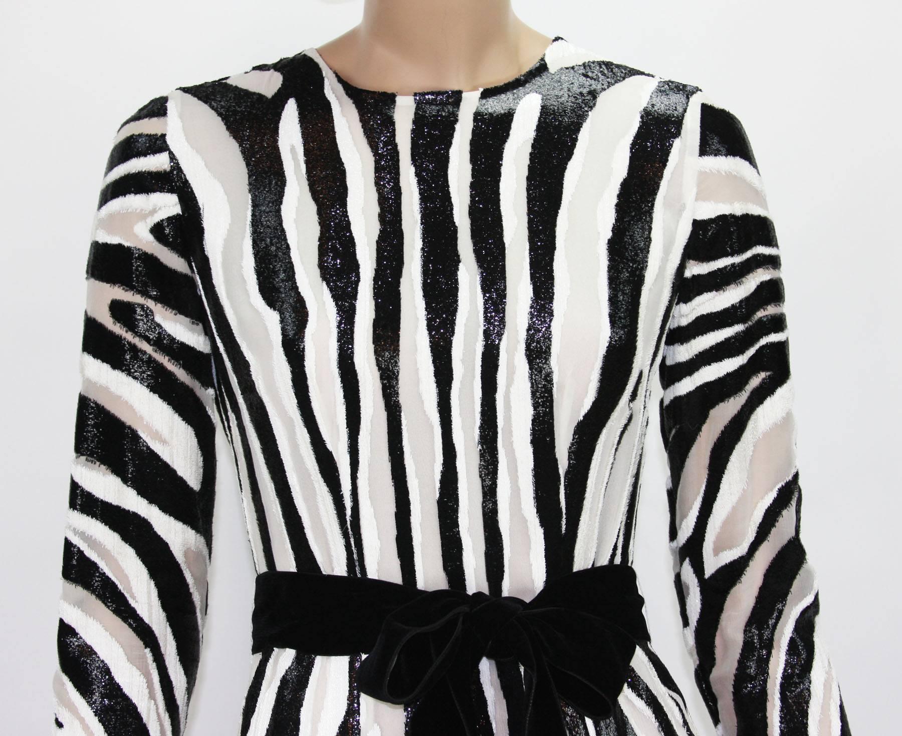 Women's New Tom Ford Fur-Like Zebra Print Semi-Sheer Belted Shimmer Pleated Dress It 38  For Sale
