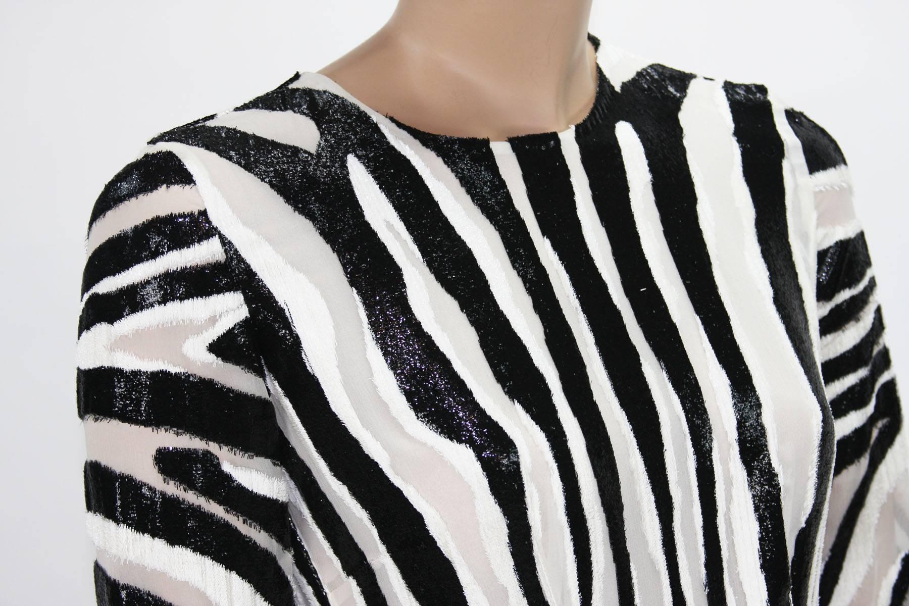 New Tom Ford Fur-Like Zebra Print Semi-Sheer Belted Shimmer Pleated Dress It 38  For Sale 1