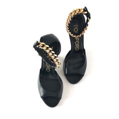 NEW Tom Ford Gold Chain Wedge Black Leather Heeled Sandals 37.5
