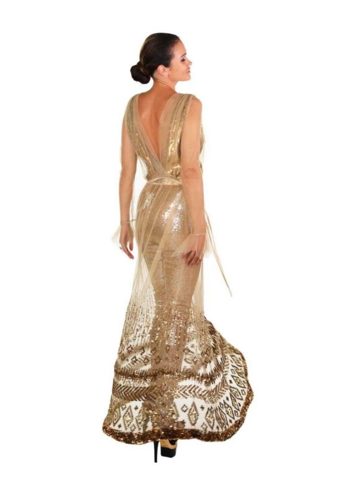 New Tom Ford Nude Embellished Chiffon Dress w/ Gold Sequin Pants 38 - 2 For Sale 6