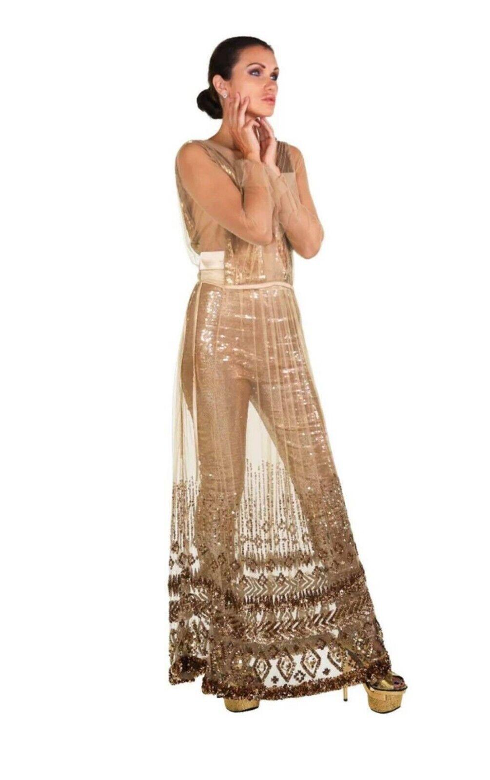 New Tom Ford Nude Embellished Chiffon Dress w/ Gold Sequin Pants 38 - 2 For Sale 7