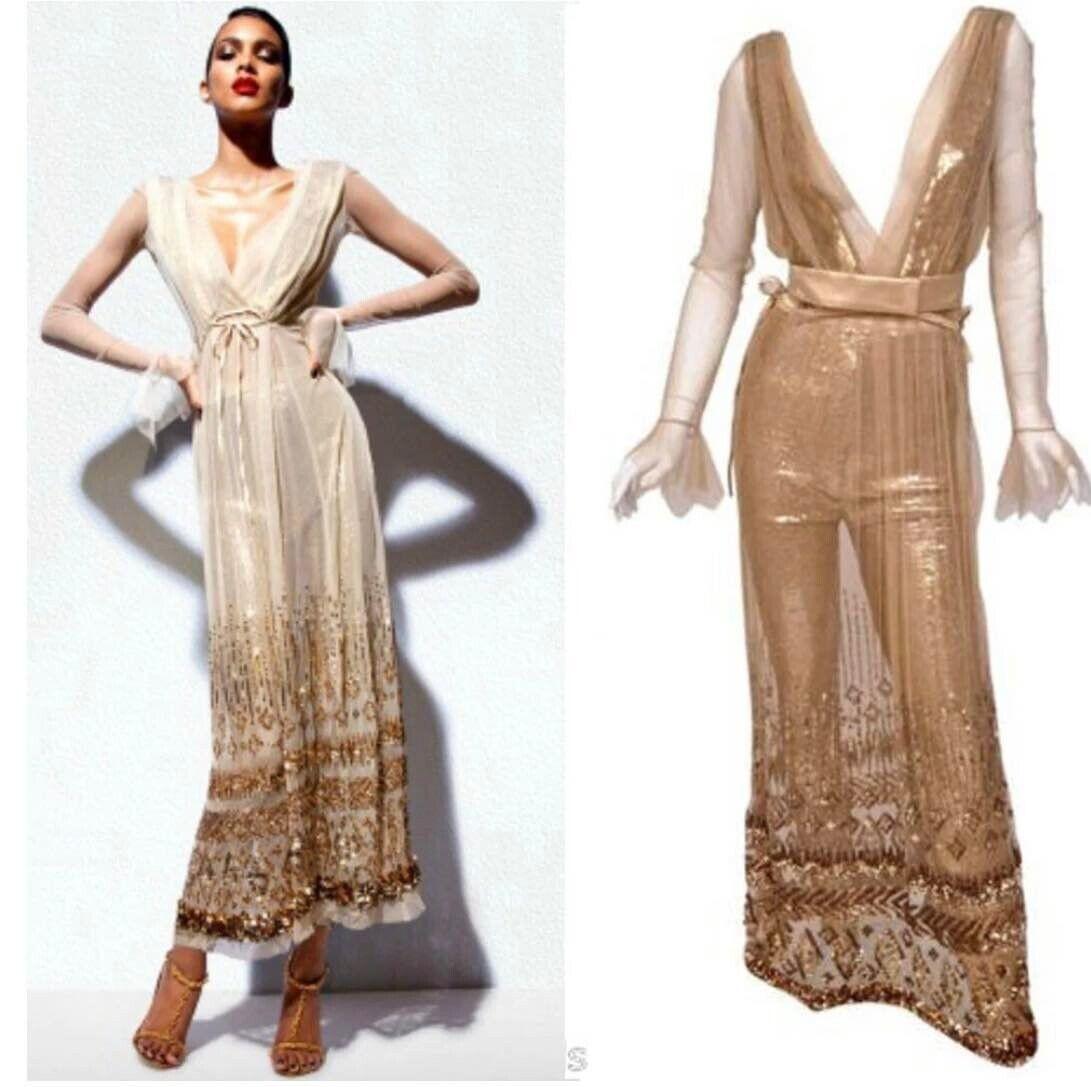 New Tom Ford Nude Embellished Chiffon Dress
 Italian size 38 - US 2  
Tom Ford elevates evening wear to new heights with this striking ensemble. This nude chiffon dress guarantees that all eyes will be on you. 
Adorned with shimmering gold sequins,