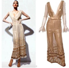 New Tom Ford Nude Embellished Chiffon Dress w/ Gold Sequin Pants 38 - 2
