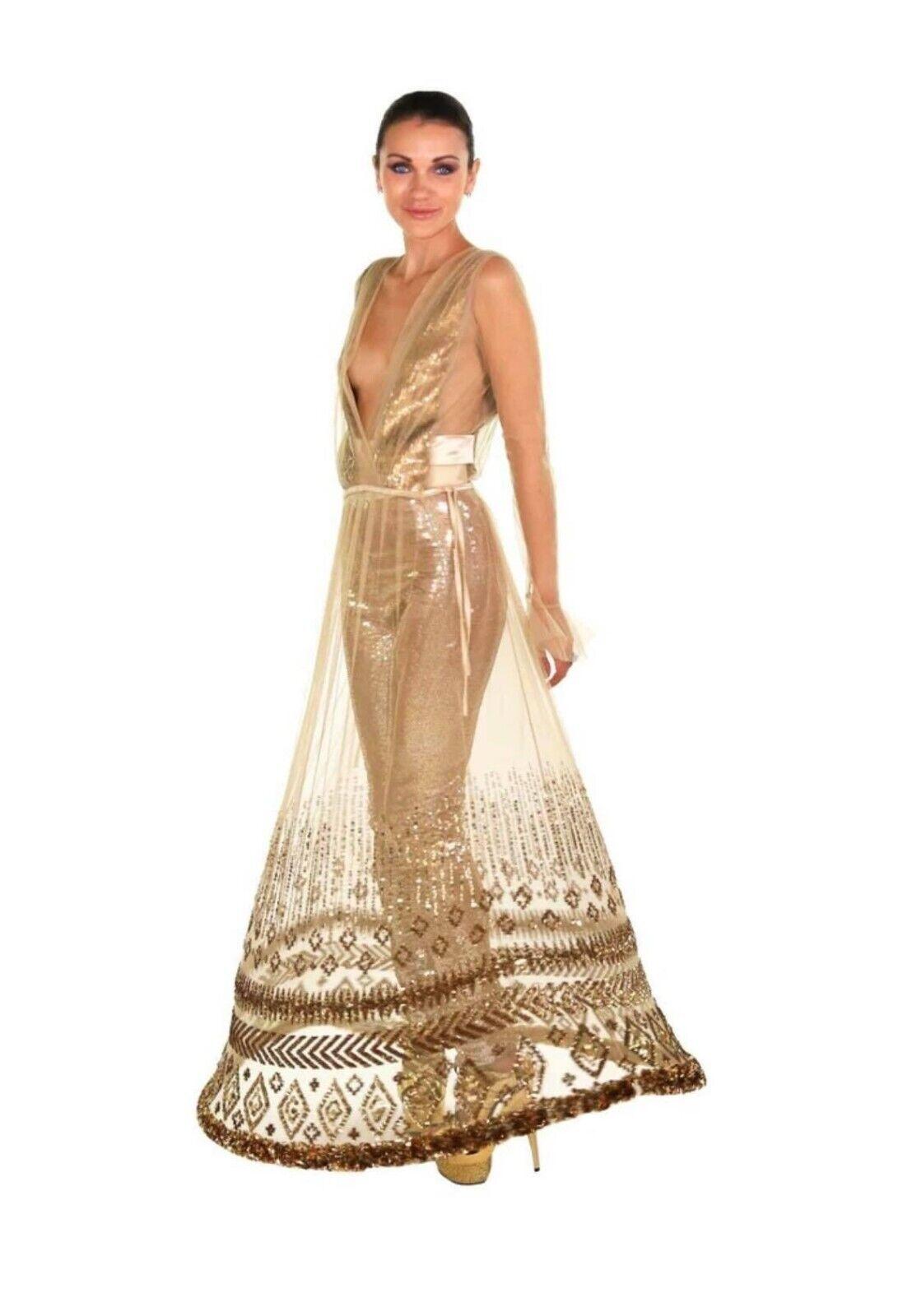 New Tom Ford Nude Embellished Chiffon Dress w/ Gold Sequin Pants 38 - 2 For Sale 2