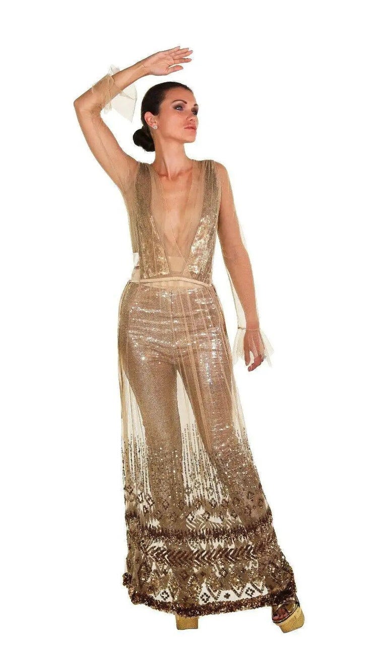 New Tom Ford Nude Embellished Chiffon Dress w/ Gold Sequin Pants 38 - 2 For  Sale at 1stDibs