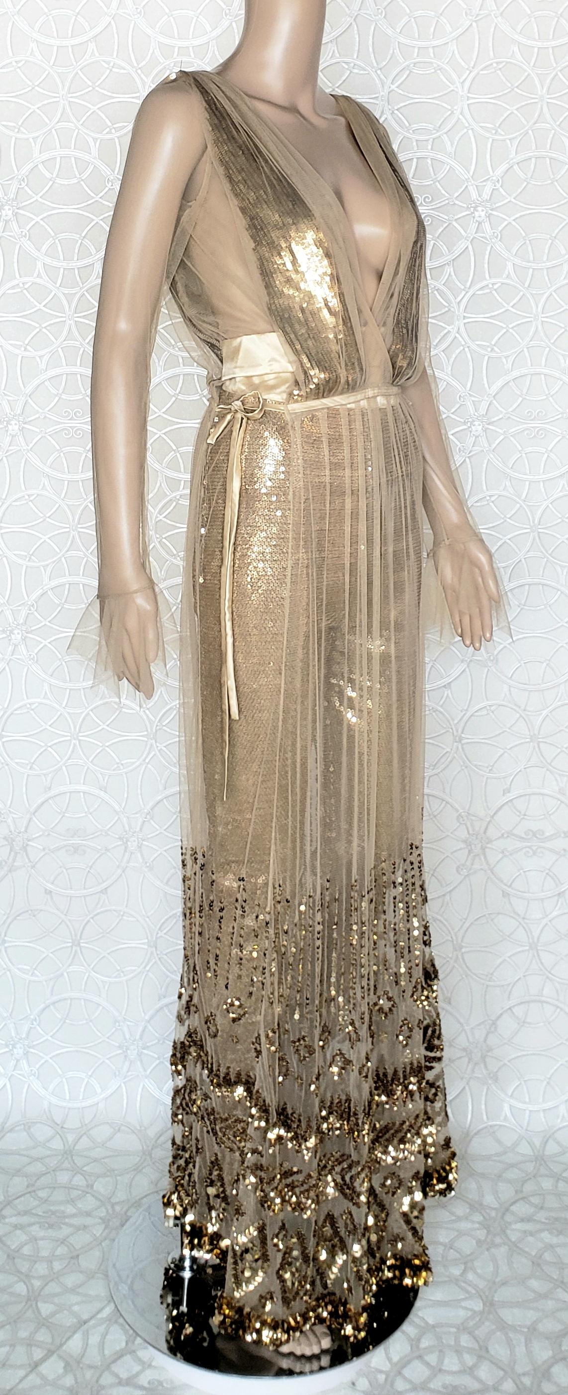 New TOM FORD NUDE EMBELLISHED CHIFFON DRESS w/ GOLD SEQUIN PANTS 38 - 2 In New Condition In Montgomery, TX