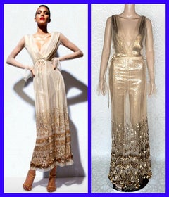 New TOM FORD NUDE EMBELLISHED CHIFFON DRESS w/ GOLD SEQUIN PANTS 38 - 2