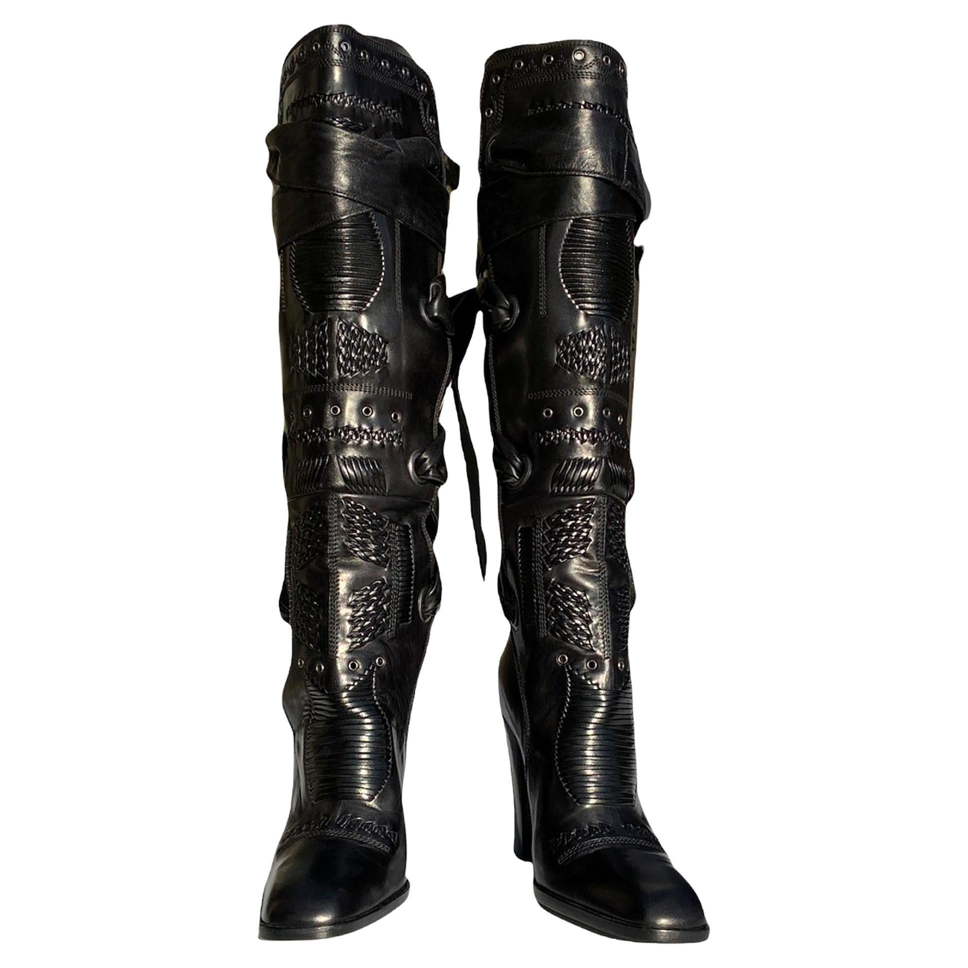 New Tom Ford Yves Saint Laurent F/W 2001 Black Leather Lace Up Grommet Boots 37 For Sale