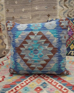 New Traditional Blue Kilim Cushion Cover Handwoven Wool Scatter Pillow