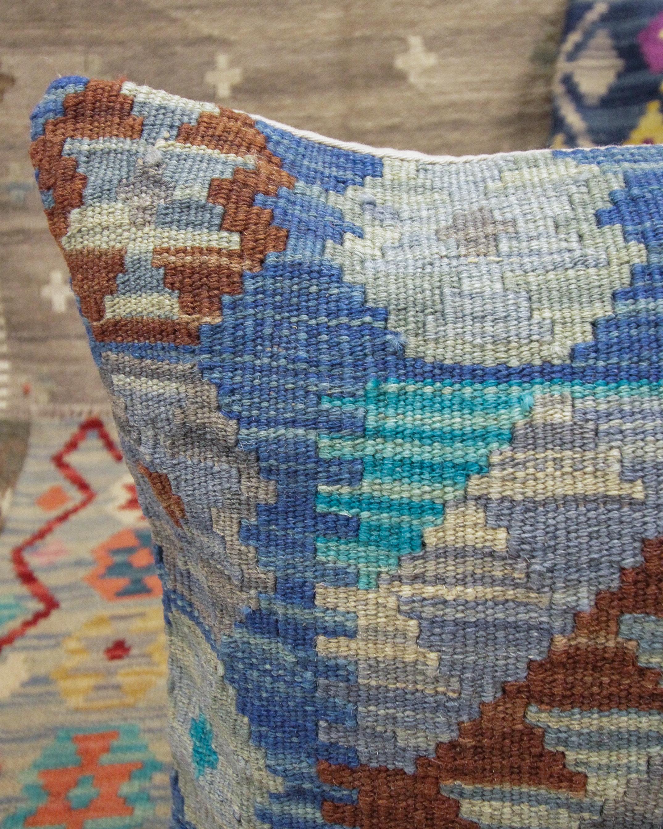 Afghan New Traditional Blue Kilim Cushion Cover Handwoven Wool Scatter Pillow