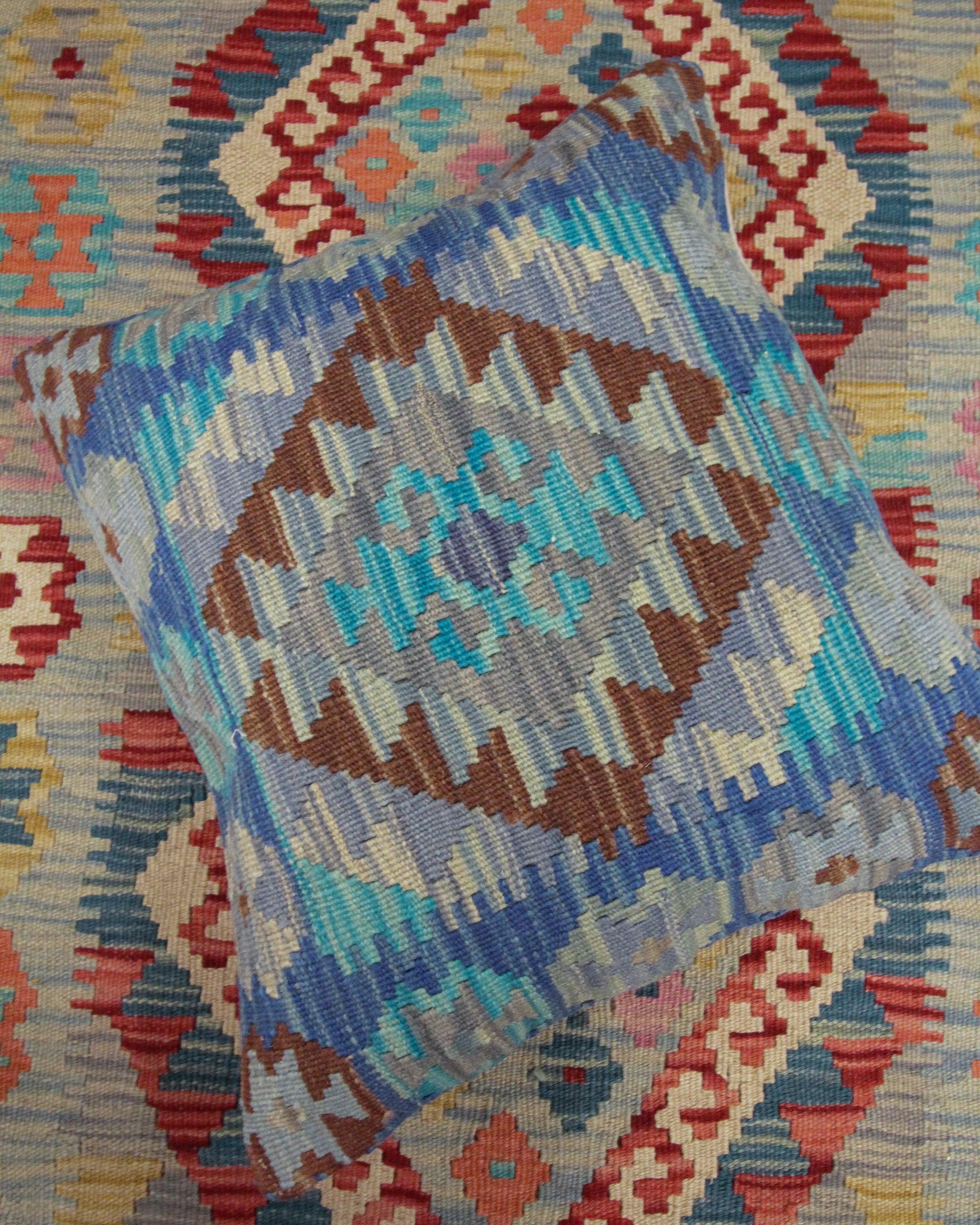 New Traditional Blue Kilim Cushion Cover Handwoven Wool Scatter Pillow 1