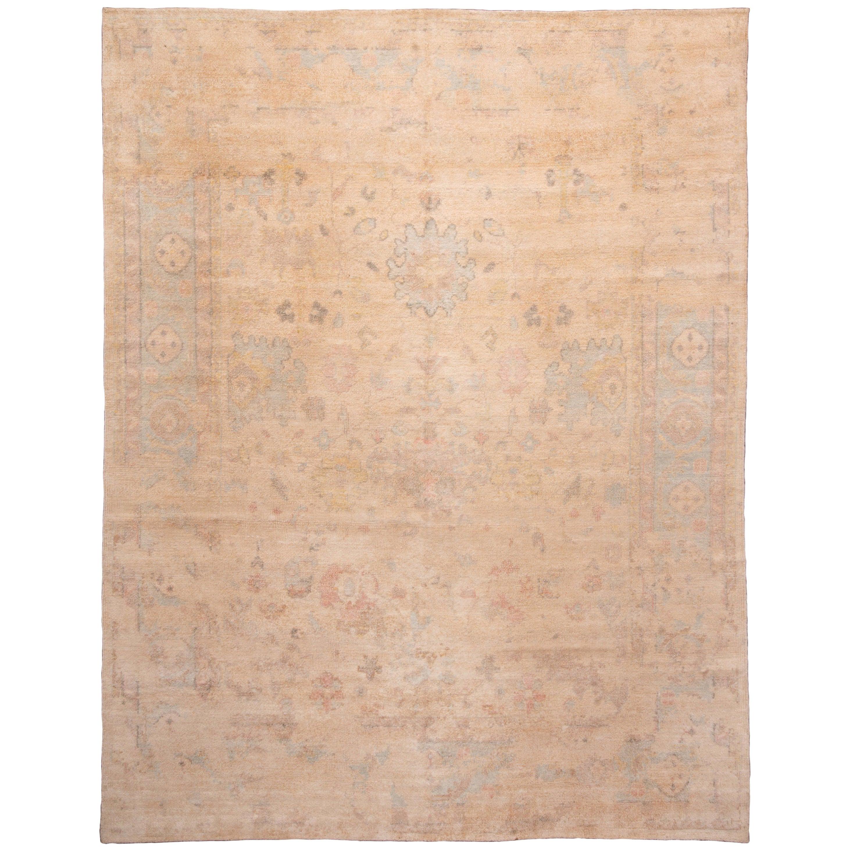 Rug & Kilim's New Traditional Oushak Pastel Wool and Silk Rug with Floral Accent