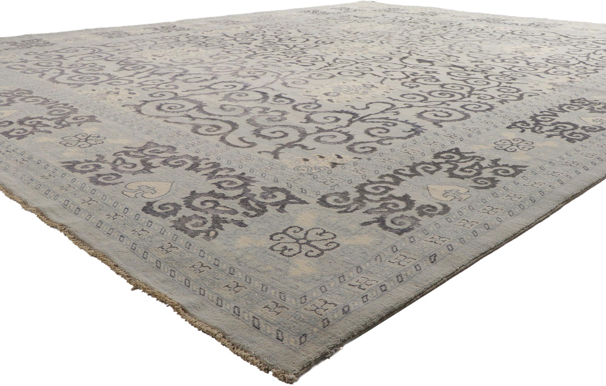 80936 New Transitional Area Rug, 11'07 x 14'05. Serene and sophisticated, this hand-knotted wool transitional area rug beautifully embodies a modern style. The composition features an all-over botanical pattern composed of amorphous organic motifs