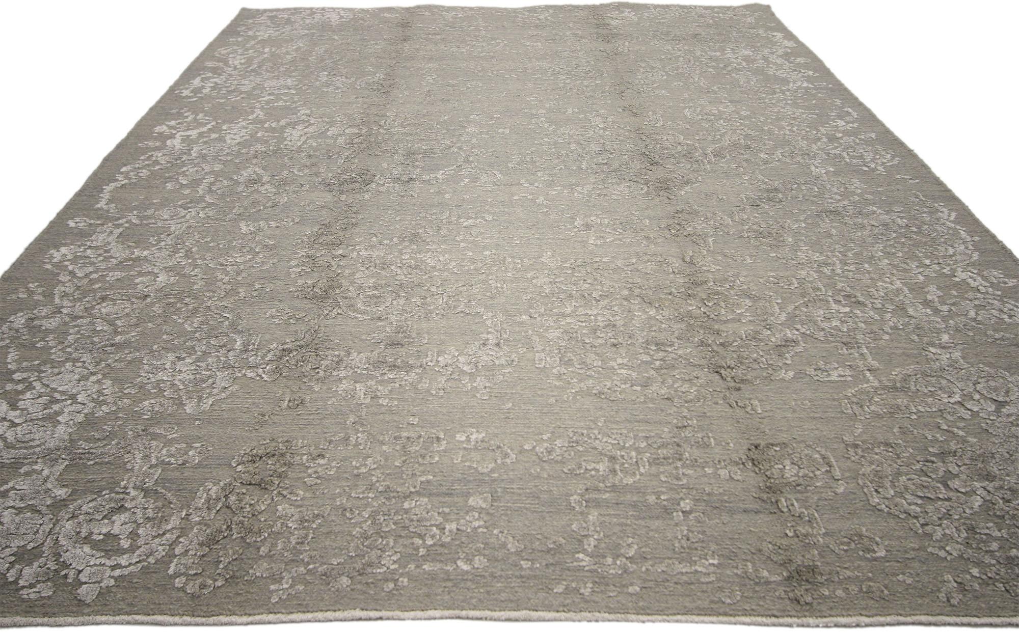 Indiano New Modern Erased Damask Wool and Silk Rug with Transitional Style in vendita