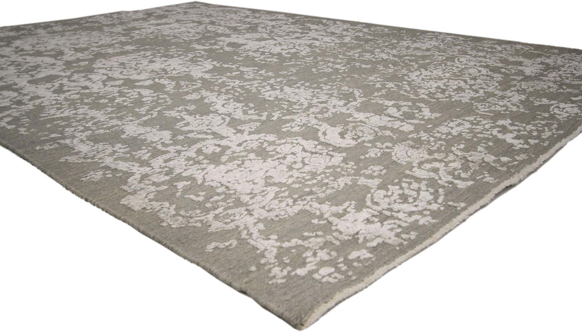 30100 New Vintage-Inspired Transitional Rug, 06'01 x 08'01. This exquisite hand-knotted Modern Erased Damask rug is a masterful fusion of traditional elegance and contemporary artistry. Crafted from fine wool and silk, it embodies a harmonious blend