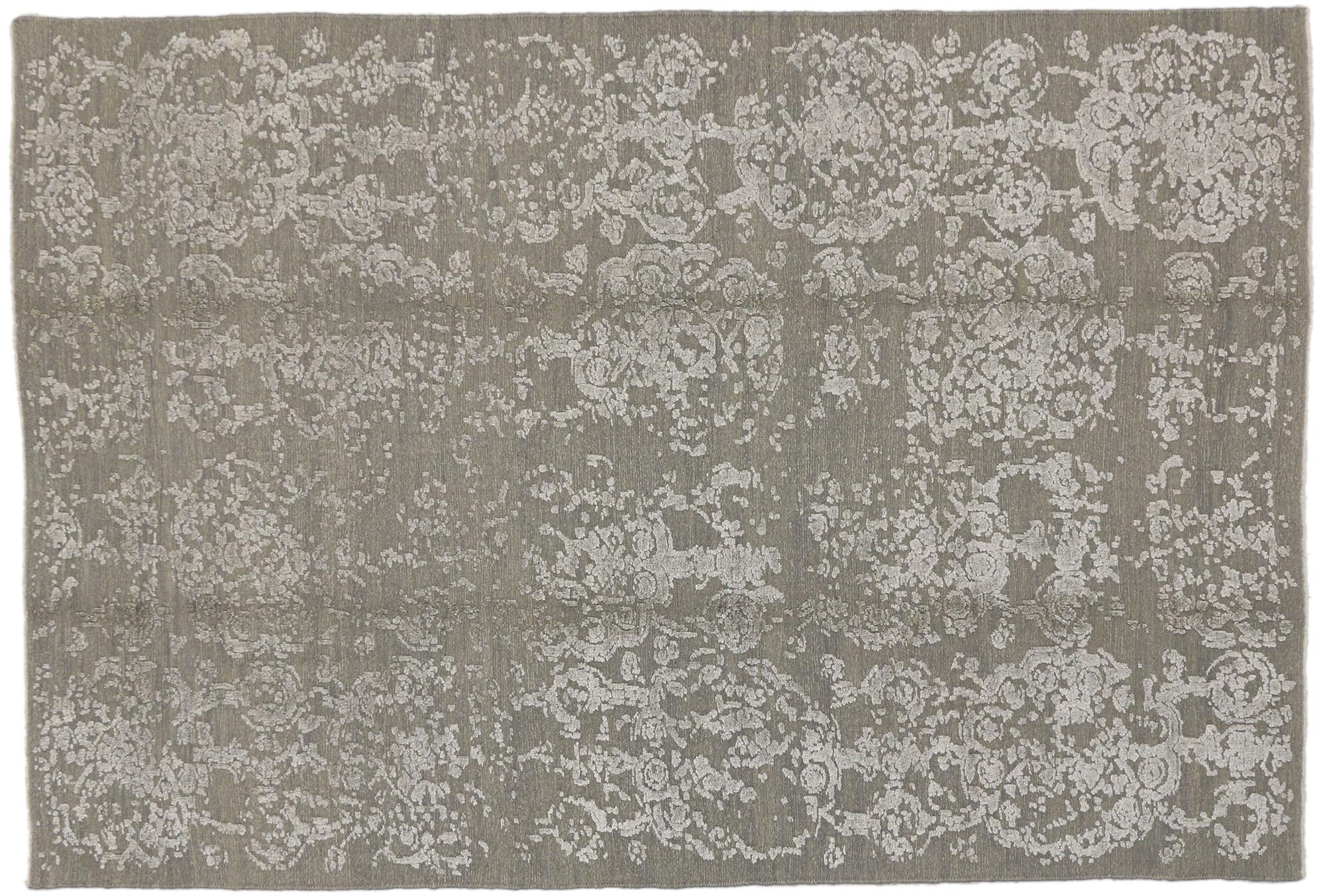 New Modern Erased Damask Wool and Silk Rug with Transitional Style in vendita 1