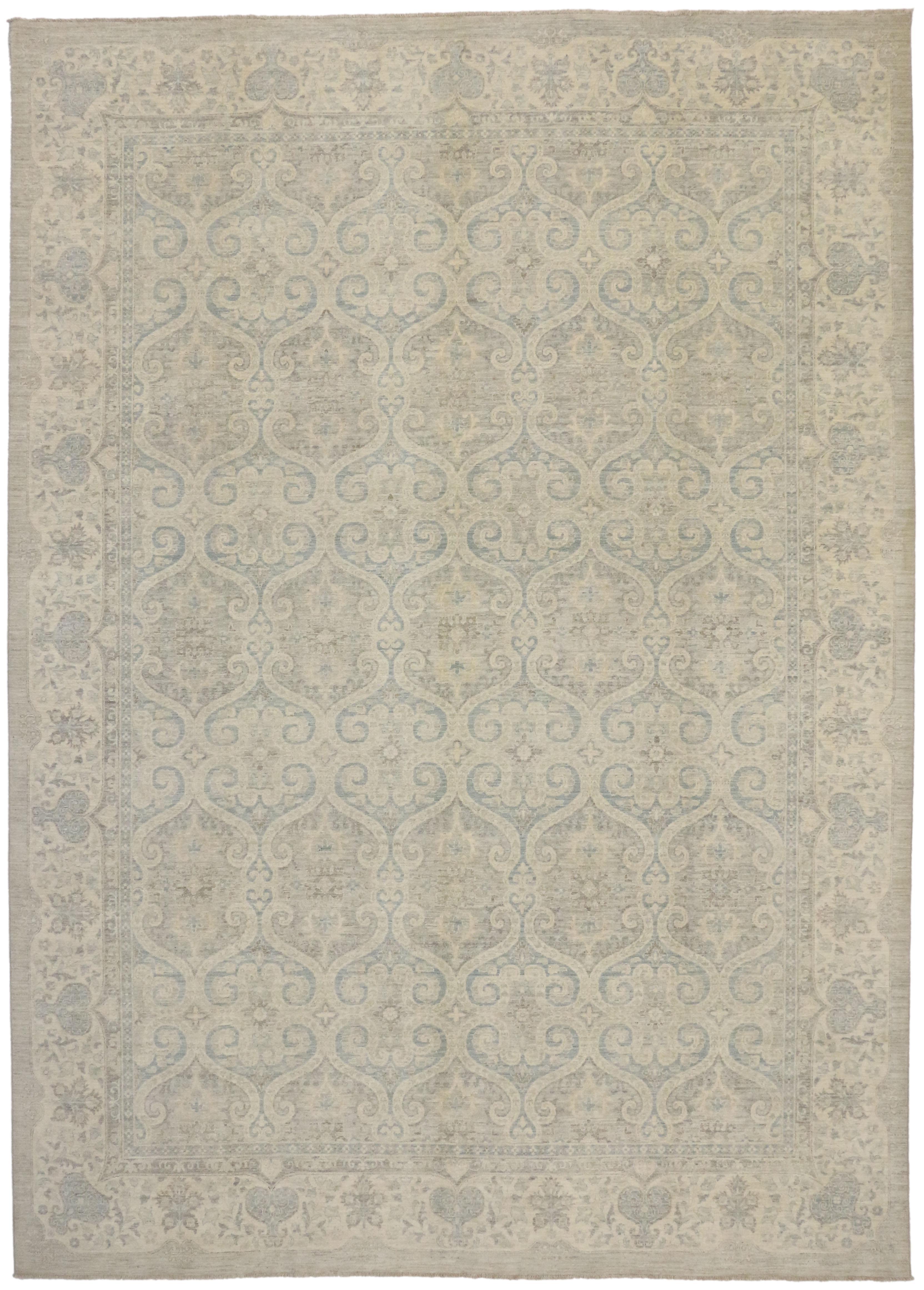 80179 New Transitional Area Rug with French Cottage Style in Neutral Coastal Colors. Blending a French Cottage style with elements from the modern world, this hand knotted wool transitional area rug beautifully balances new and old. Softer yet no