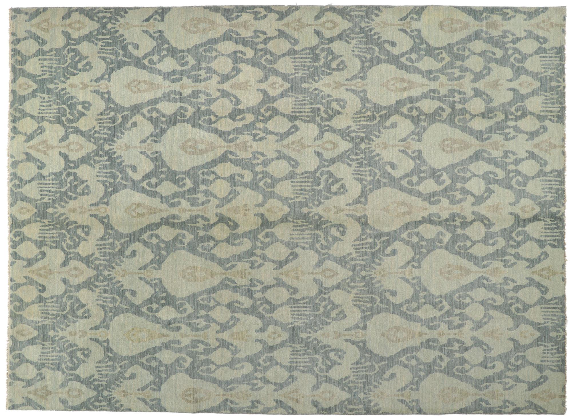 Wool New Transitional Area Rug with Ikat Pattern in Soft Blue Earth-Tone Colors For Sale