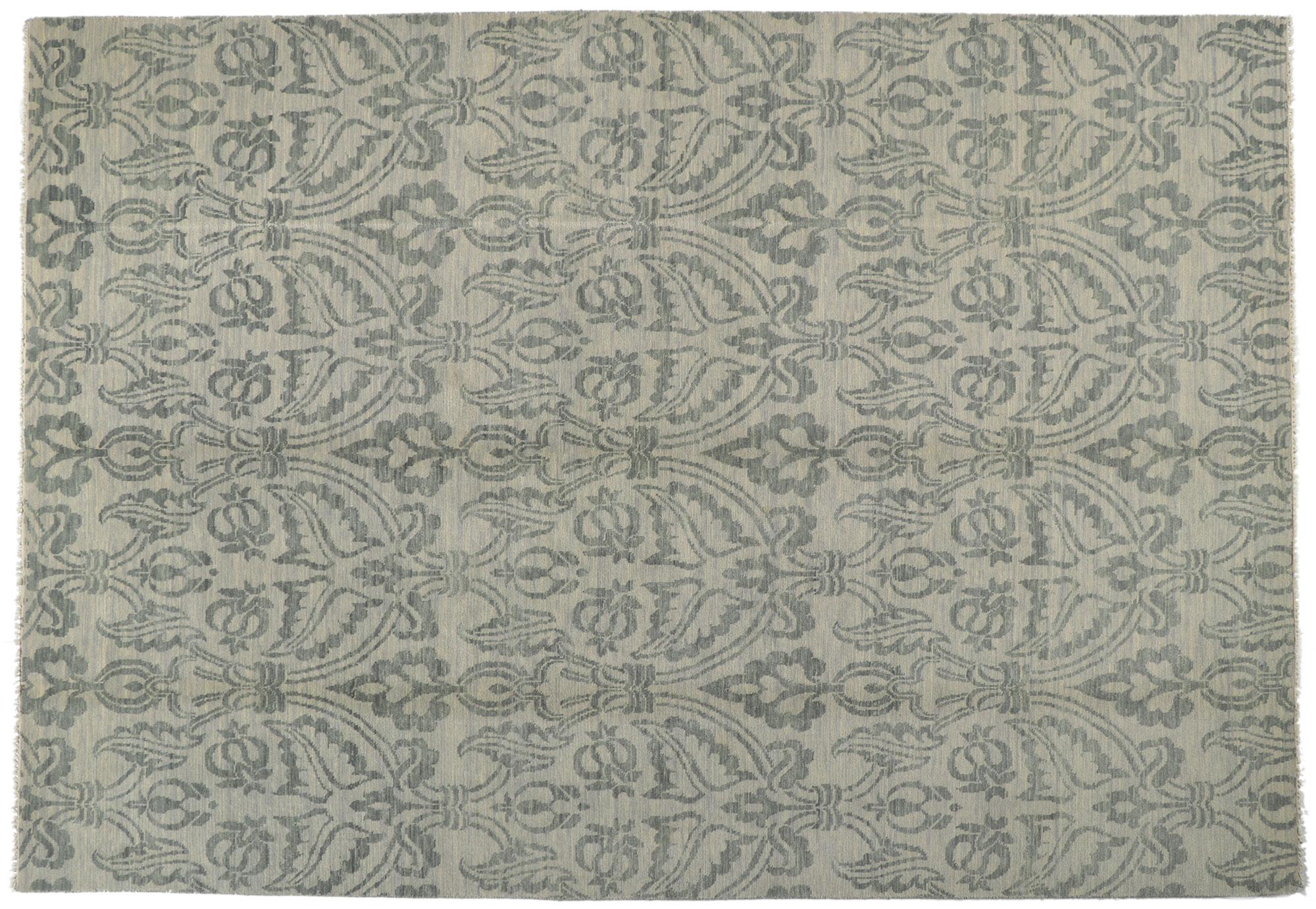 New Transitional Damask Ikat Rug with Blue and Gray Earth-Tone Colors For Sale 2