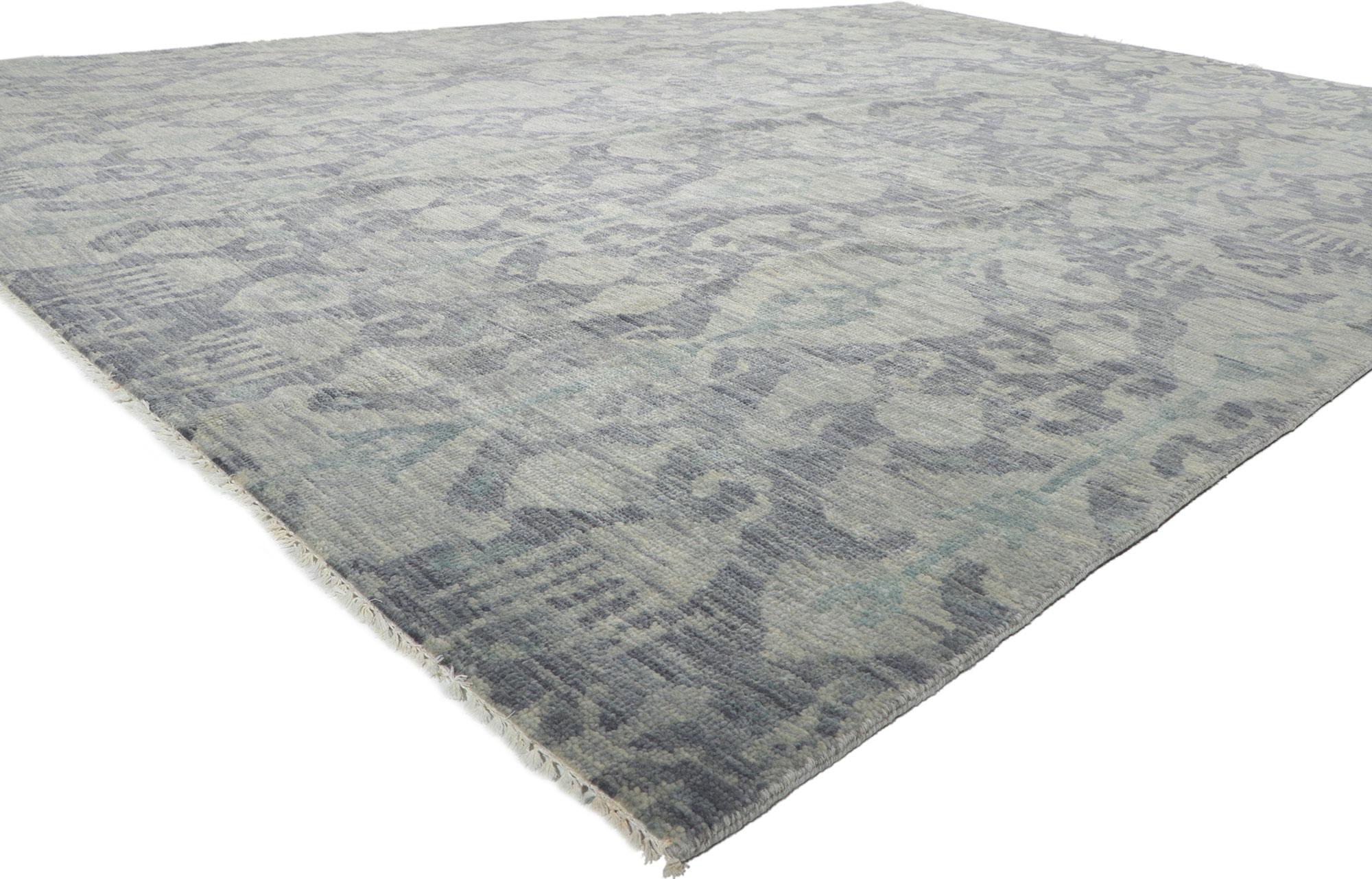 30263 New Transitional Ikat Rug, 09'11 X 14'00. Emanating transitional style with incredible detail and texture, this hand knotted wool Ikat rug from India is a captivating vision of woven beauty. The eye-catching ikat design and colorway woven into
