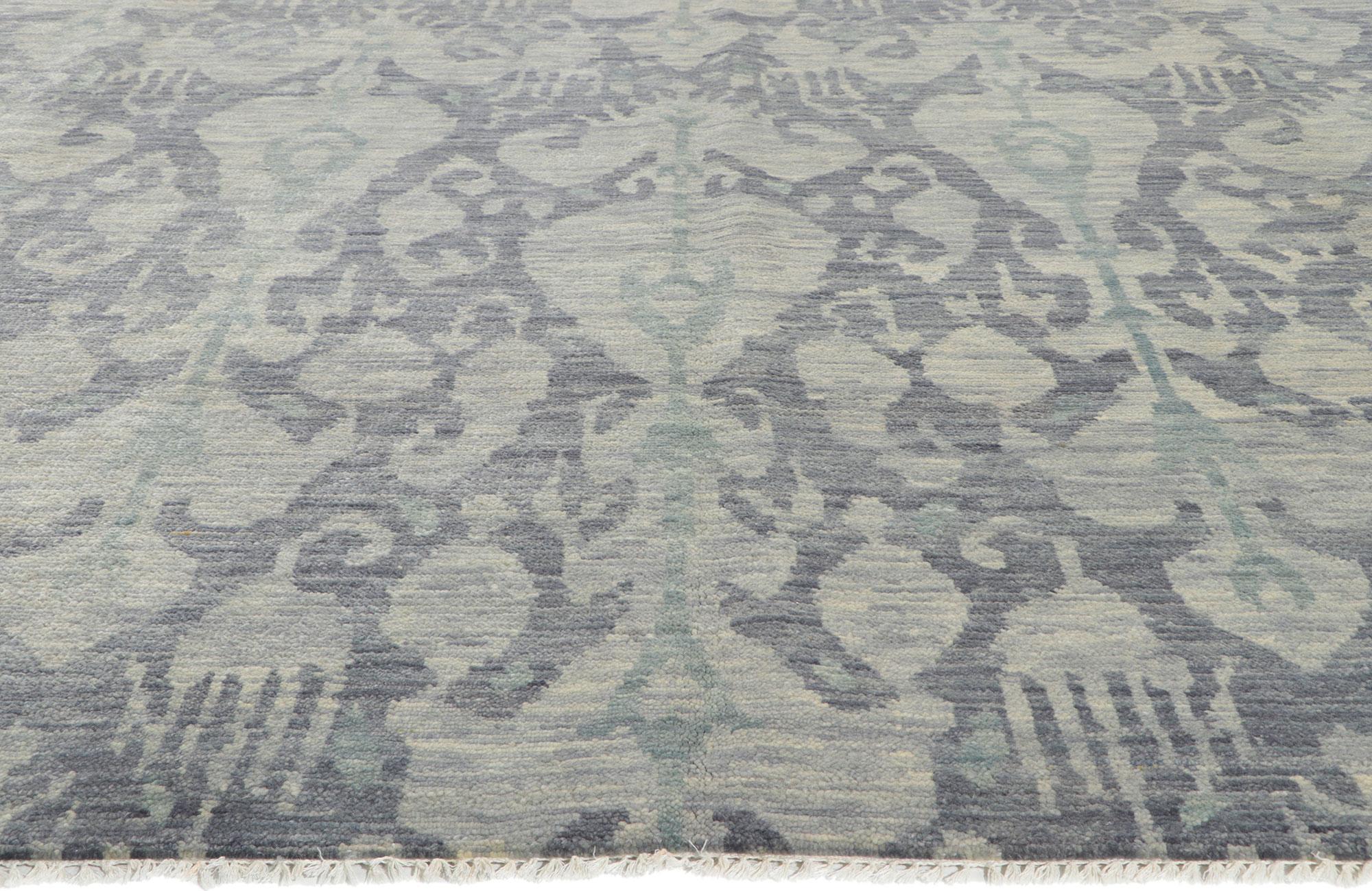 Hand-Knotted New Transitional Ikat Rug with Gray and Blue Earth-Tone Colors For Sale