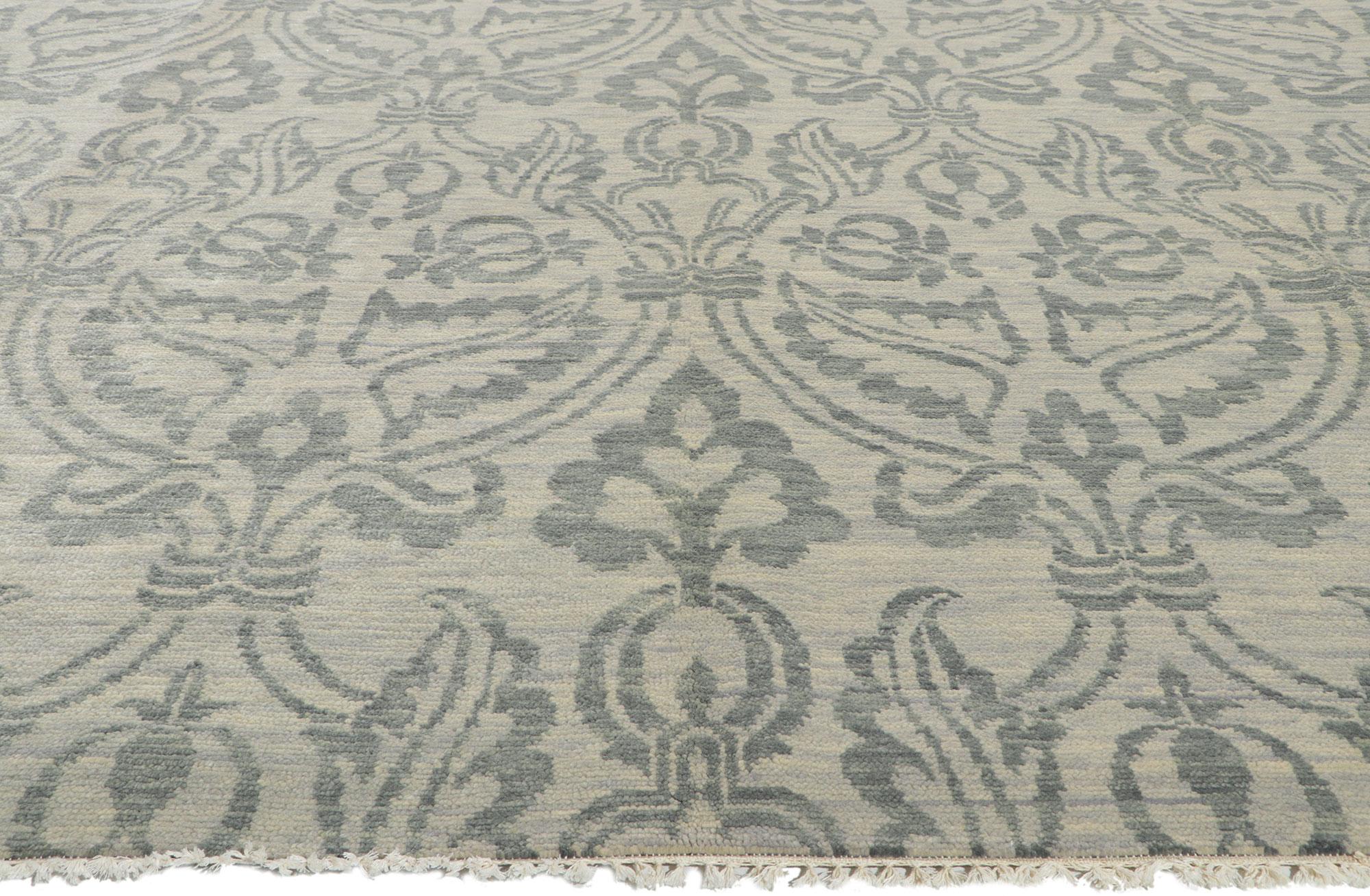 Hand-Knotted New Transitional Damask Ikat Rug with Blue and Gray Earth-Tone Colors For Sale