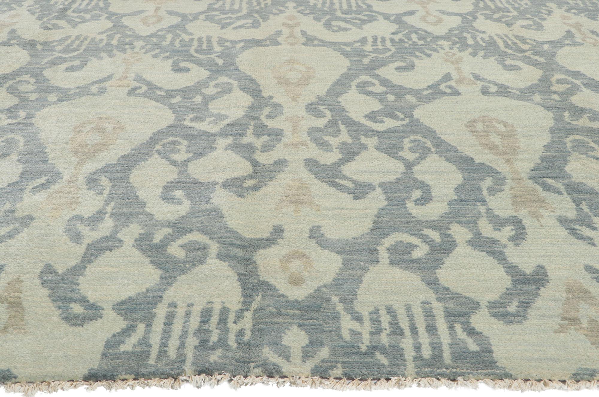 Indian New Transitional Area Rug with Ikat Pattern in Soft Blue Earth-Tone Colors For Sale