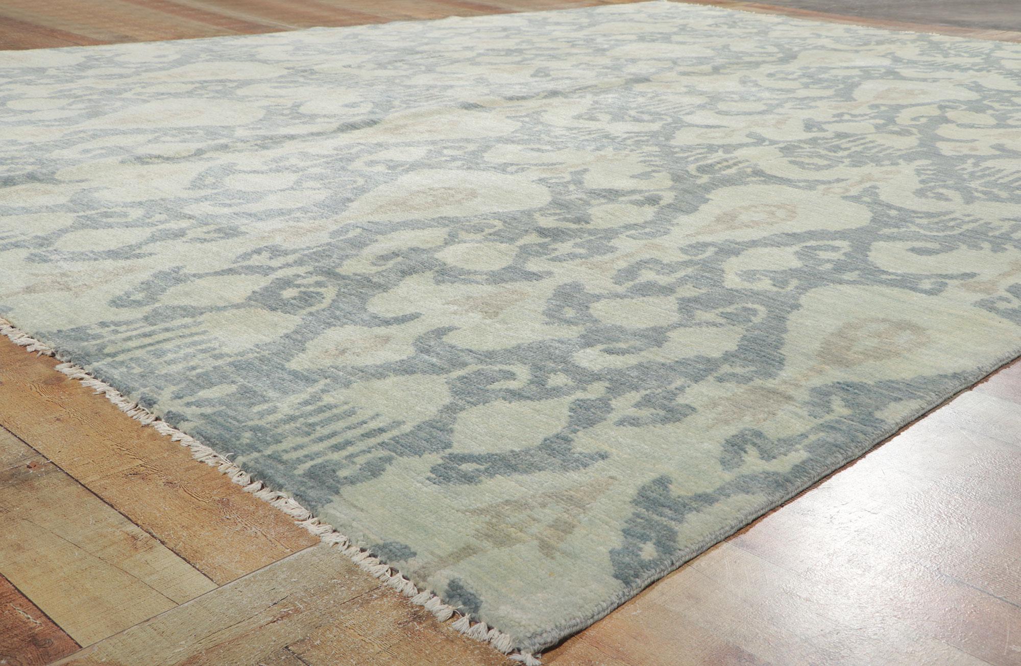 Hand-Knotted New Transitional Area Rug with Ikat Pattern in Soft Blue Earth-Tone Colors For Sale