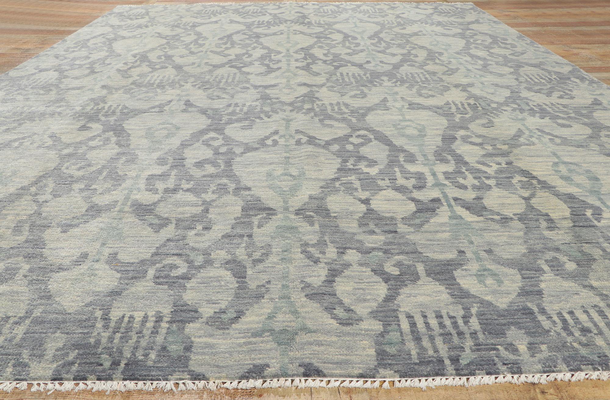 Wool New Transitional Ikat Rug with Gray and Blue Earth-Tone Colors For Sale